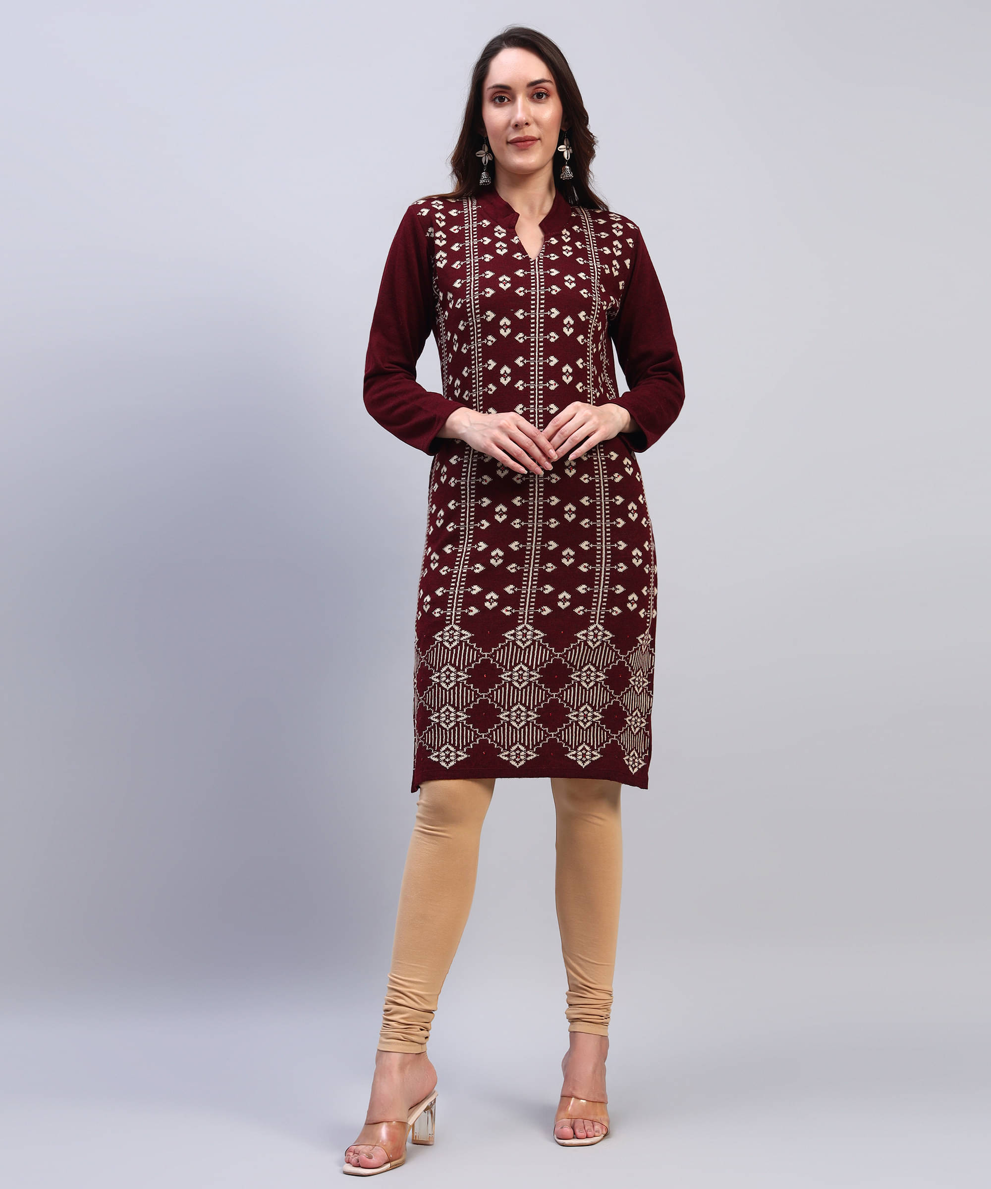 DRESSBASE Women Woollen Self Design Straight Kurti ( Maroon ) DRESSBASE Women Woollen Self Design Straight Kurti ( Maroon )