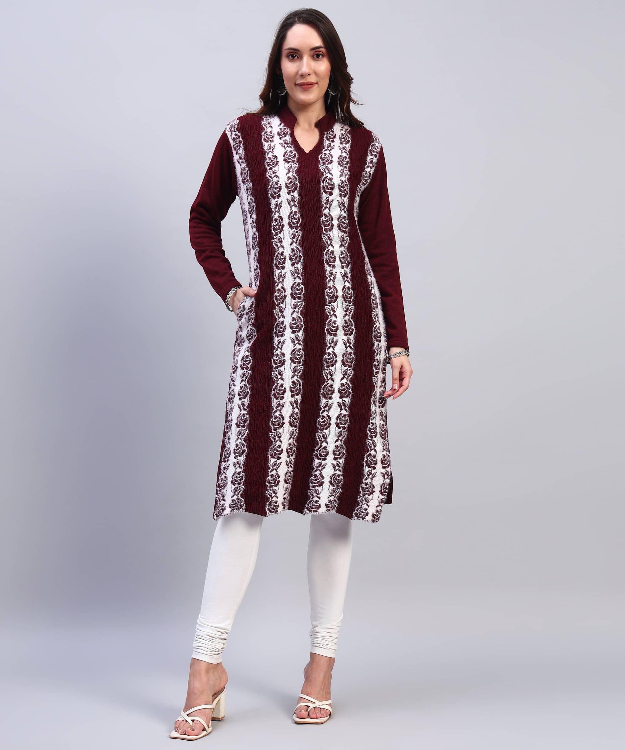DRESSBASE Women Woollen Self Design Straight Kurti ( Maroon ) DRESSBASE Women Woollen Self Design Straight Kurti ( Maroon )