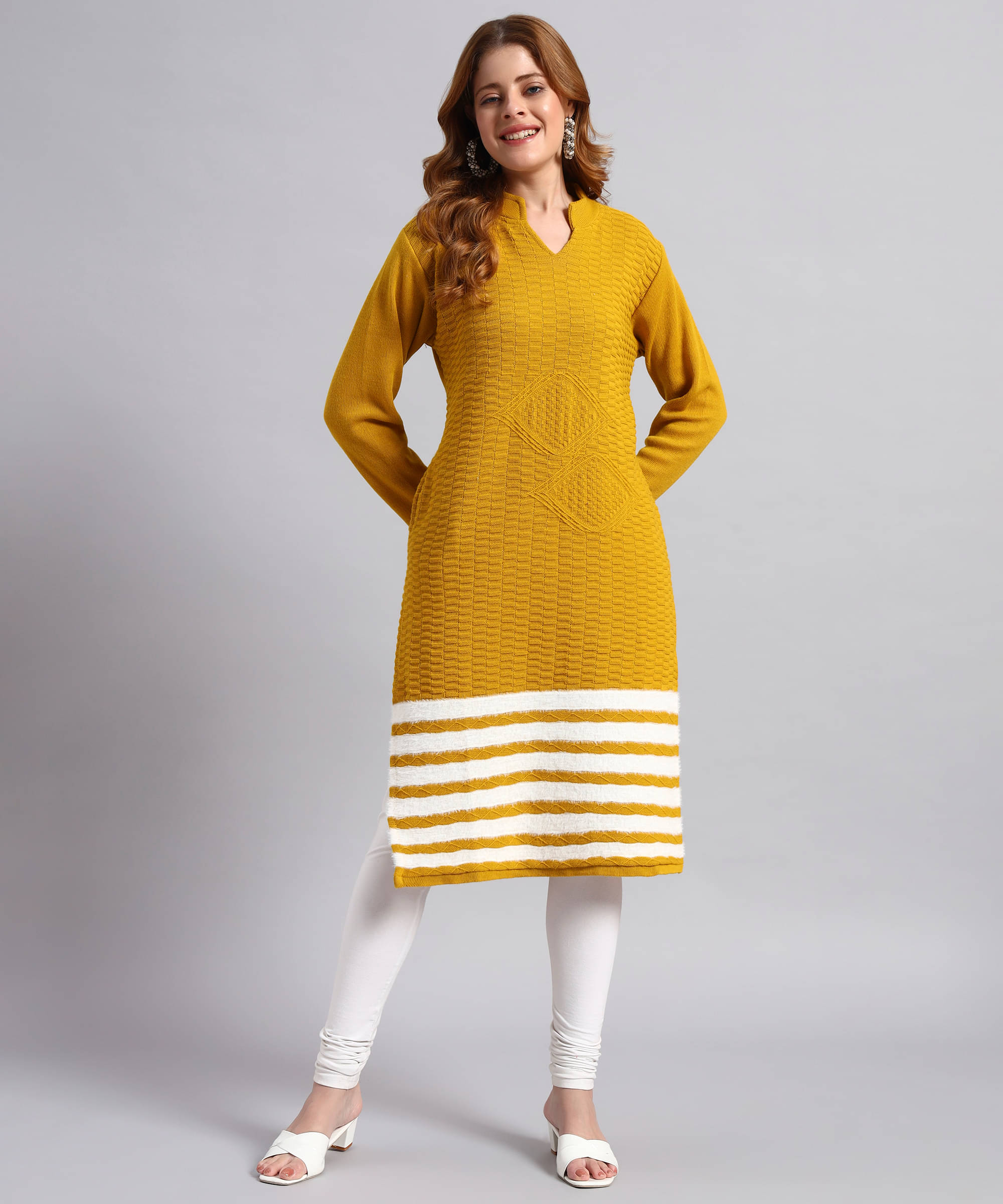     			DRESSBASE Women Woollen Self Design Straight Kurti ( Mustard )