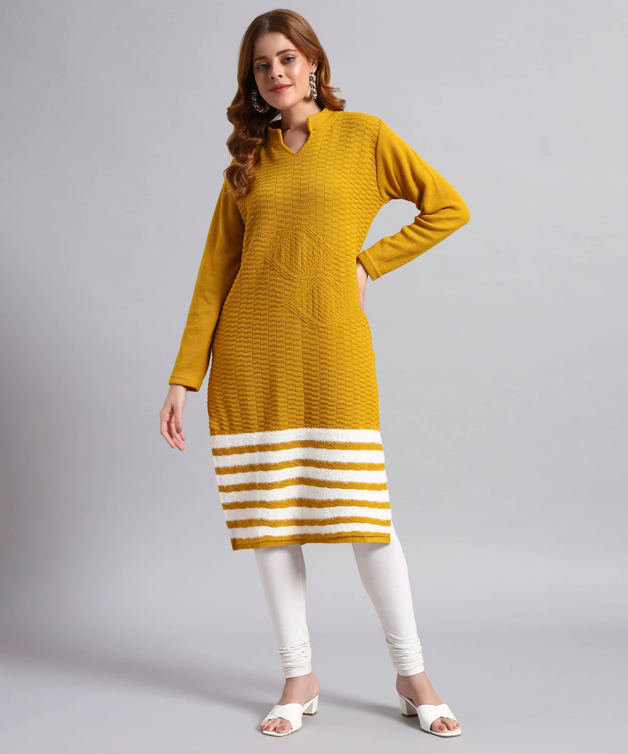 DRESSBASE Women Woollen Self Design Straight Kurti ( Mustard ) DRESSBASE Women Woollen Self Design Straight Kurti ( Mustard )