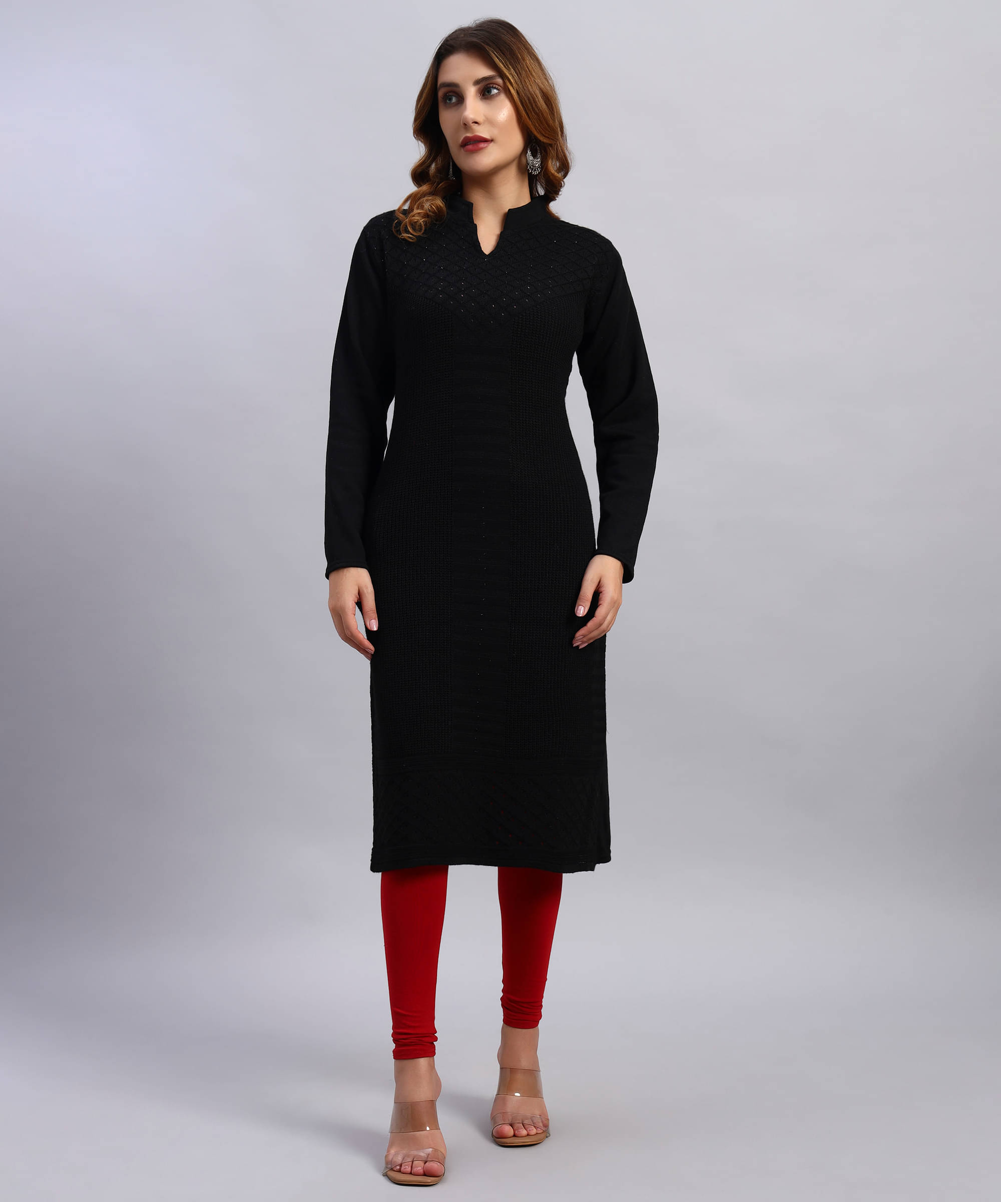 DRESSBASE Women Woollen Self Design Straight Kurti ( Black ) DRESSBASE Women Woollen Self Design Straight Kurti ( Black )