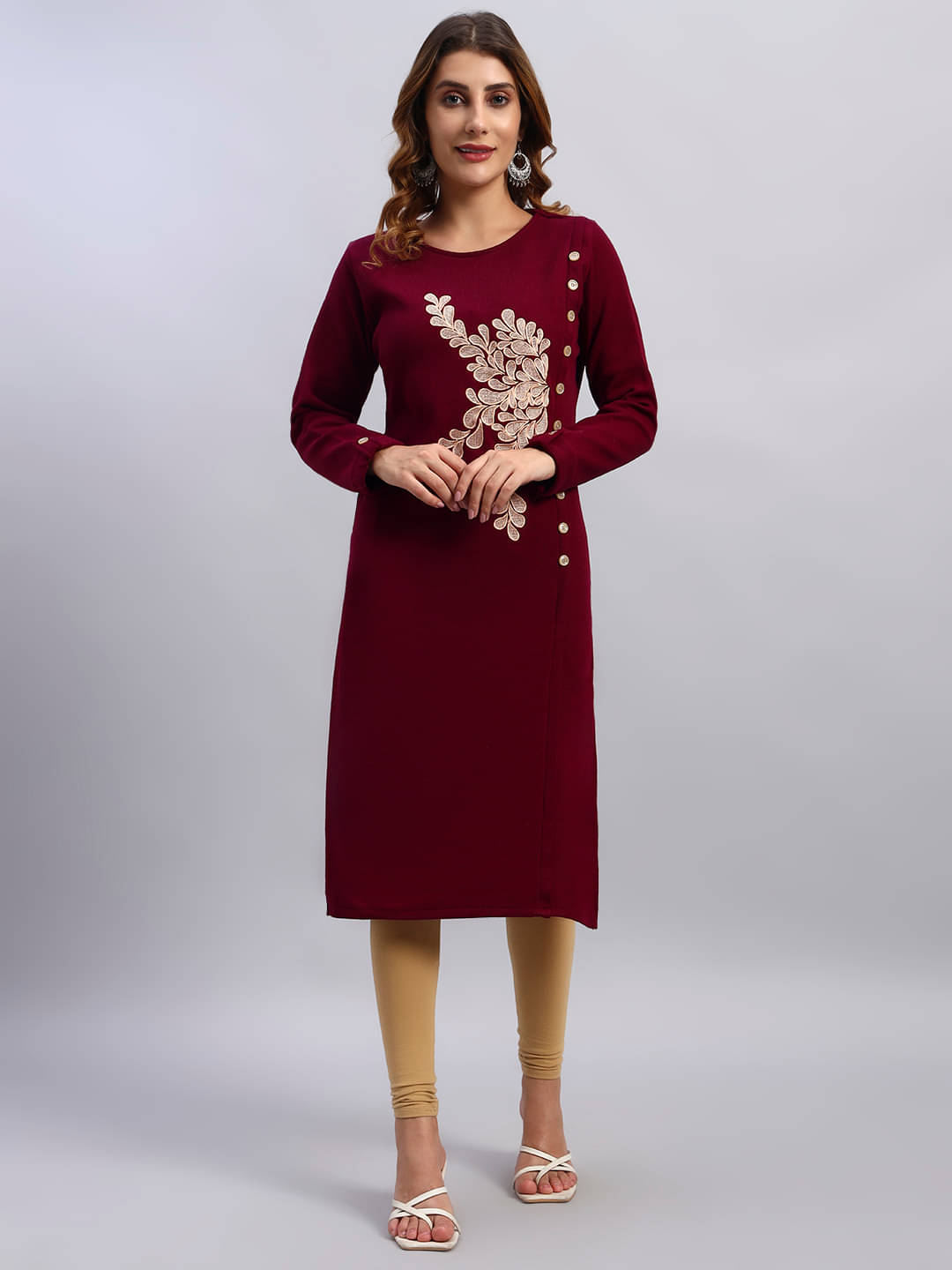 DRESSBASE Women Woollen Self Design Straight Kurti ( Wine ) DRESSBASE Women Woollen Self Design Straight Kurti ( Wine )