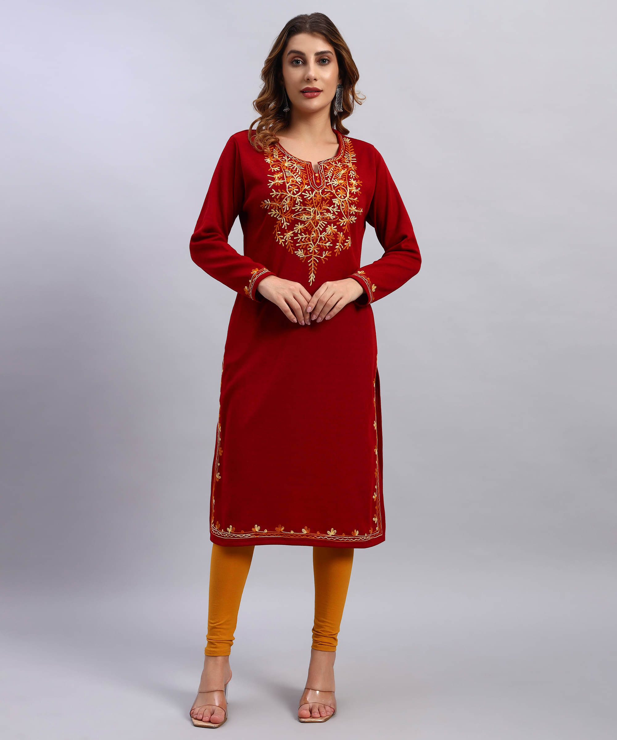 DRESSBASE Women Woollen Self Design Straight Kurti ( Red ) DRESSBASE Women Woollen Self Design Straight Kurti ( Red )
