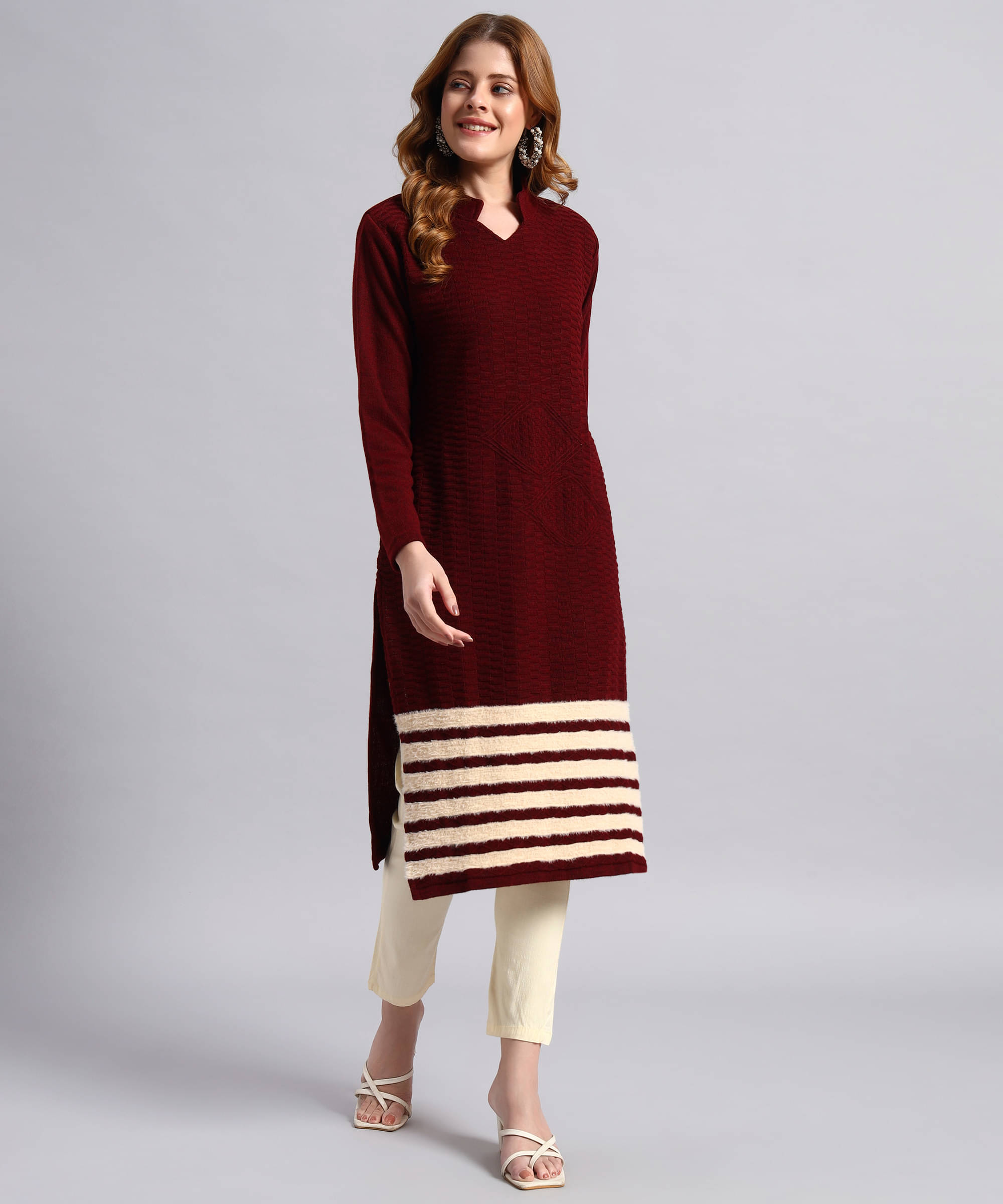 DRESSBASE Women Woollen Self Design Straight Kurti ( wine ) DRESSBASE Women Woollen Self Design Straight Kurti ( wine )