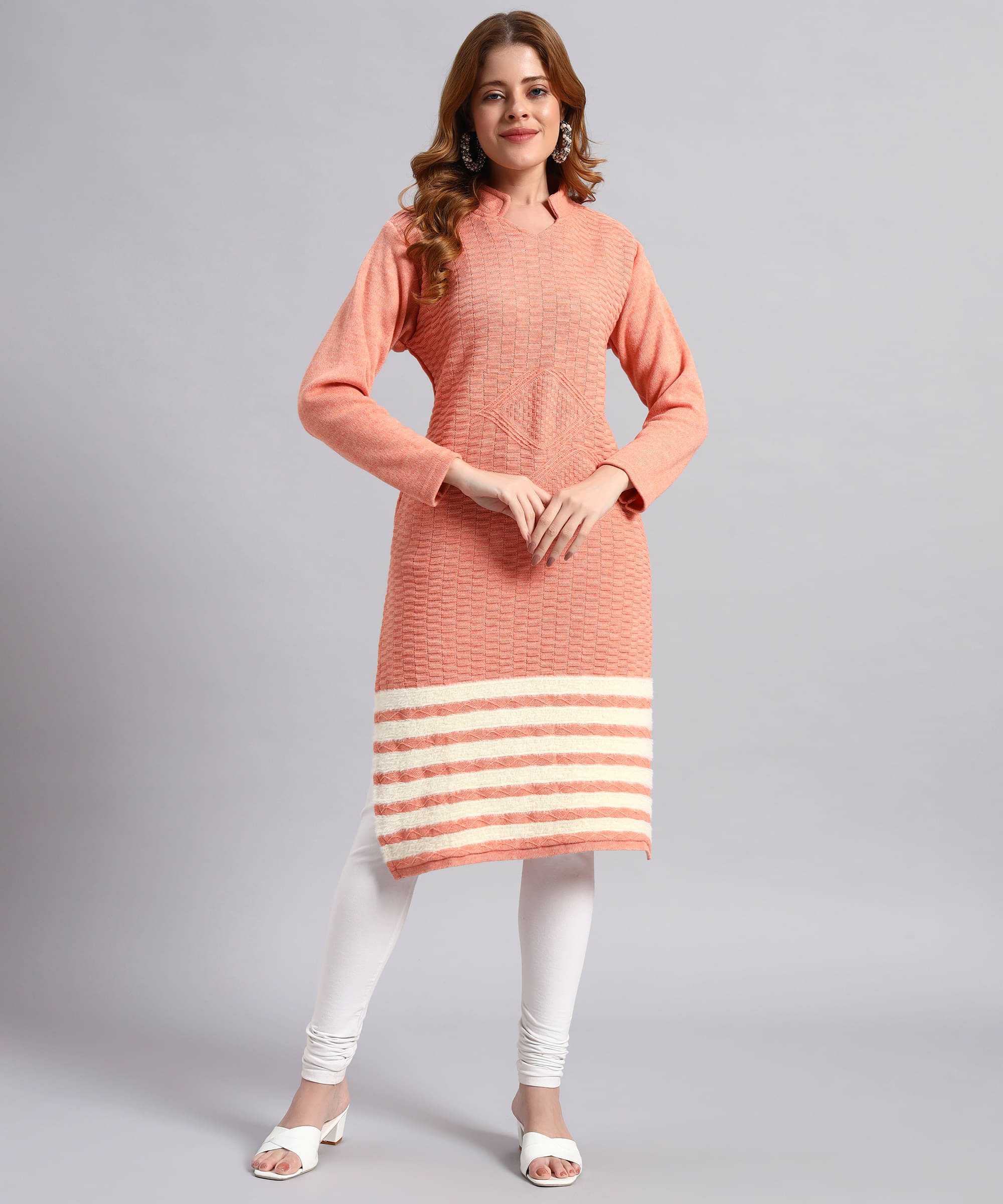 DRESSBASE Women Woollen Self Design Straight Kurti ( Peach ) DRESSBASE Women Woollen Self Design Straight Kurti ( Peach )