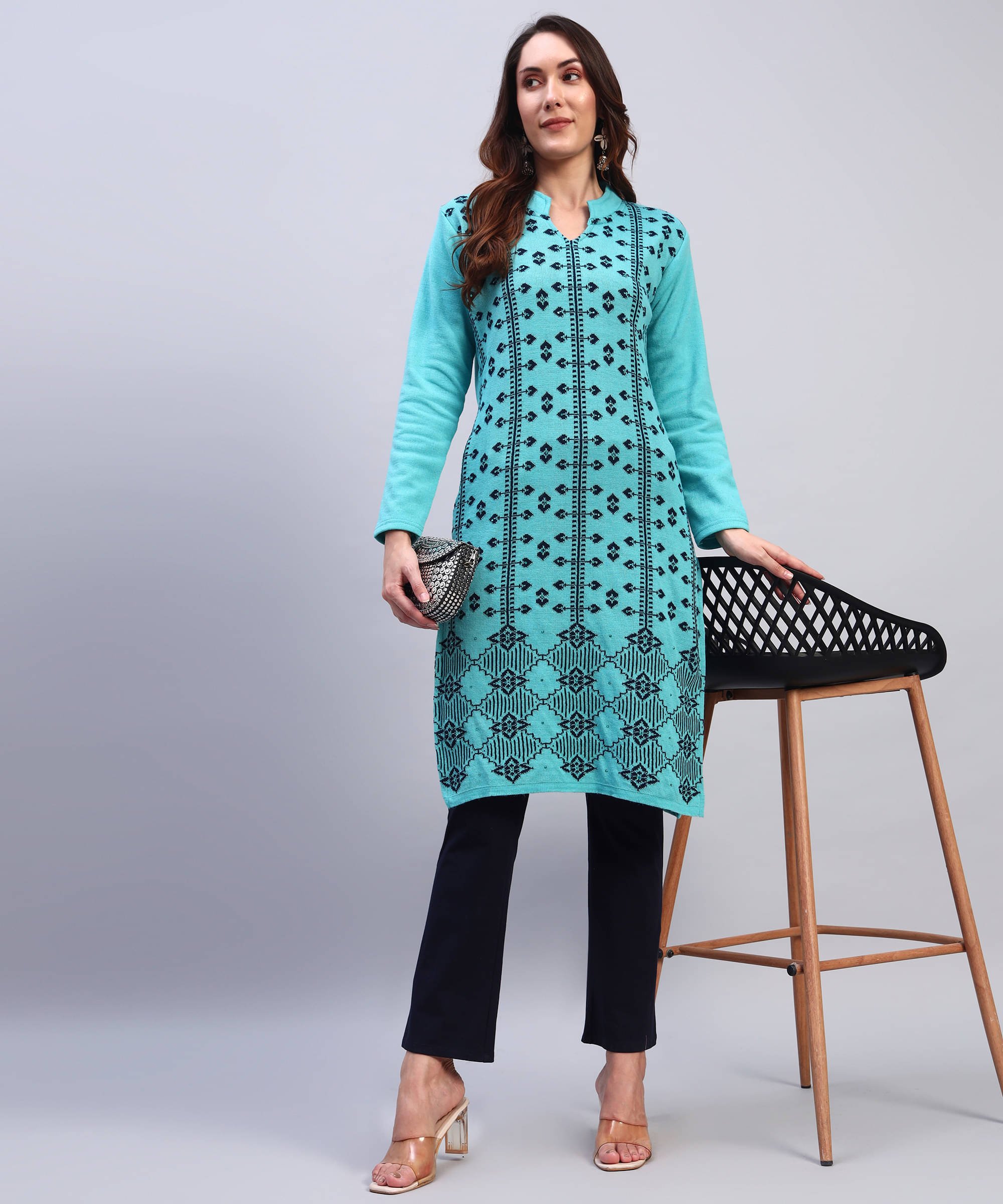 DRESSBASE Women Woollen Self Design Straight Kurti ( Light Blue ) DRESSBASE Women Woollen Self Design Straight Kurti ( Light Blue )