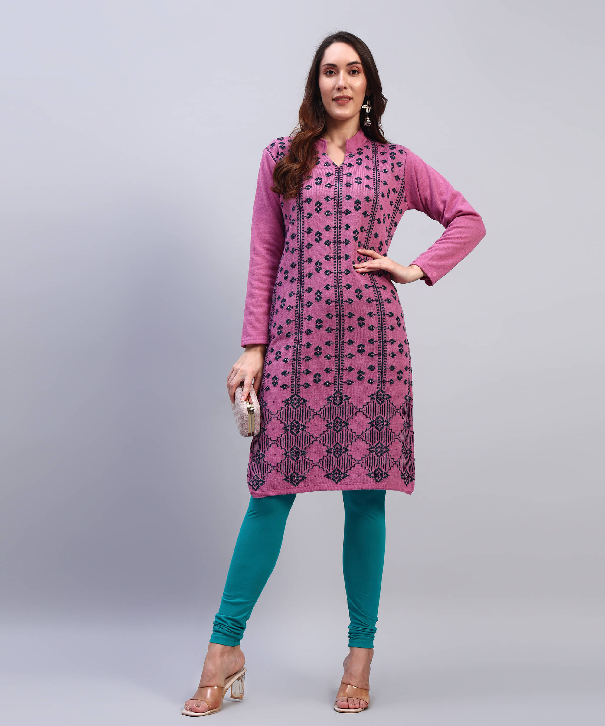 DRESSBASE Women Woollen Self Design Straight Kurti ( Pink ) DRESSBASE Women Woollen Self Design Straight Kurti ( Pink )