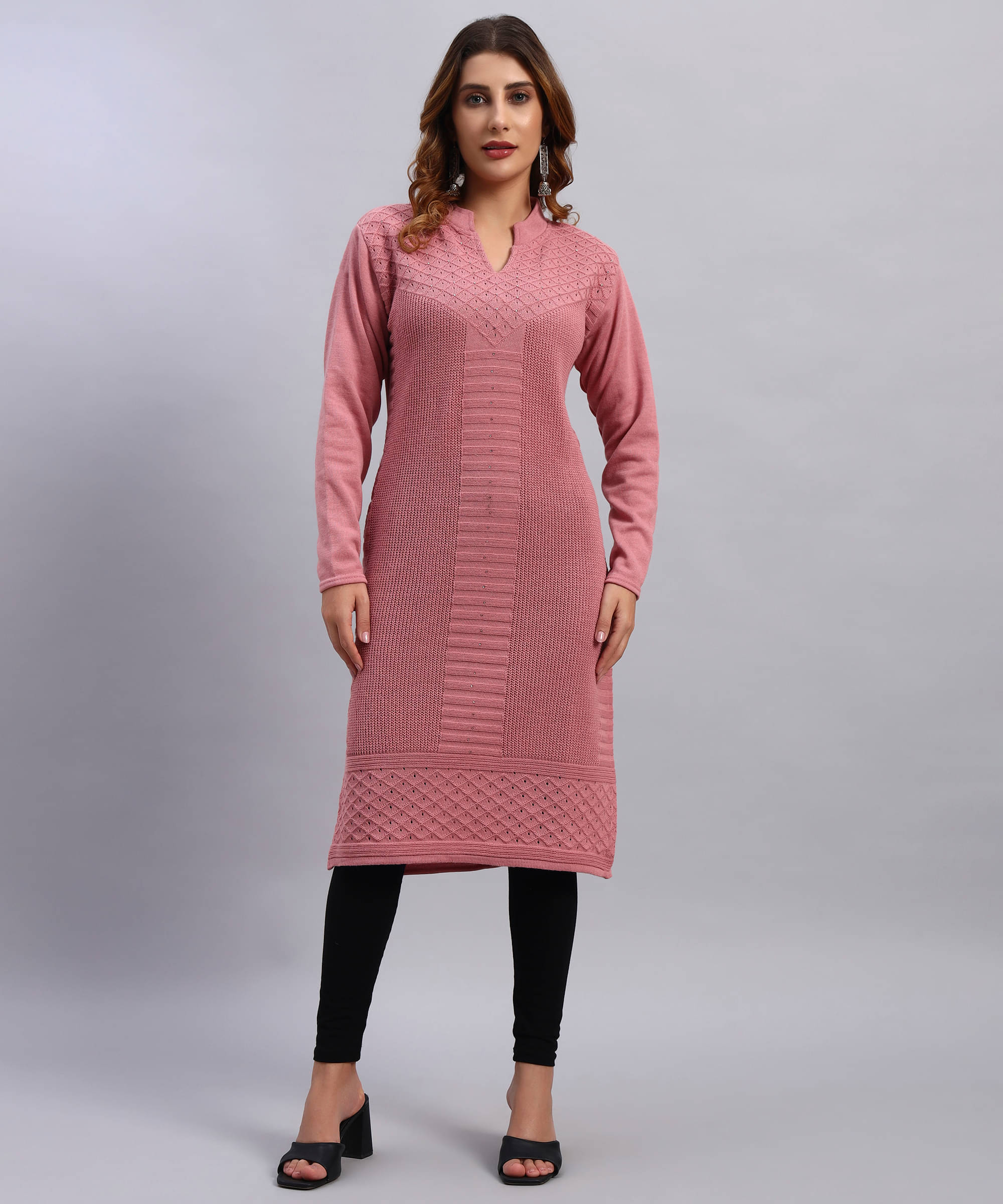 DRESSBASE Women Woollen Self Design Straight Kurti ( Pink ) DRESSBASE Women Woollen Self Design Straight Kurti ( Pink )