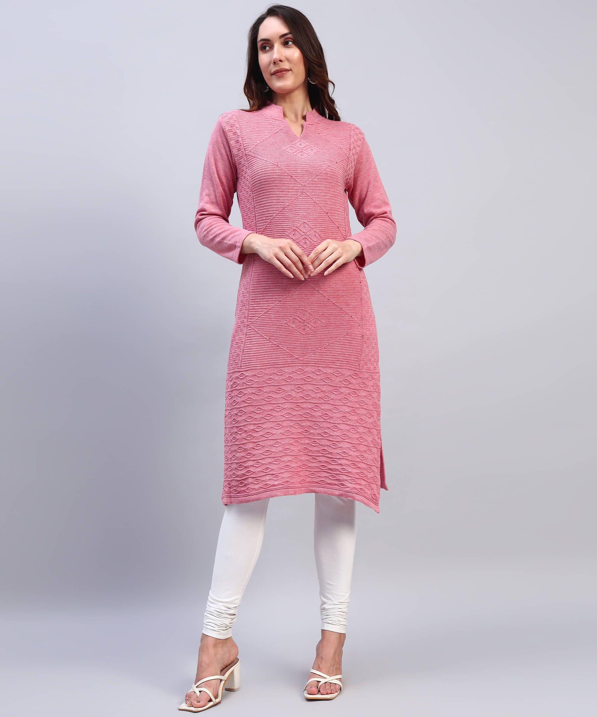 DRESSBASE Women Woollen Self Design Straight Kurti ( Pink )     			DRESSBASE Women Woollen Self Design Straight Kurti ( Pink )