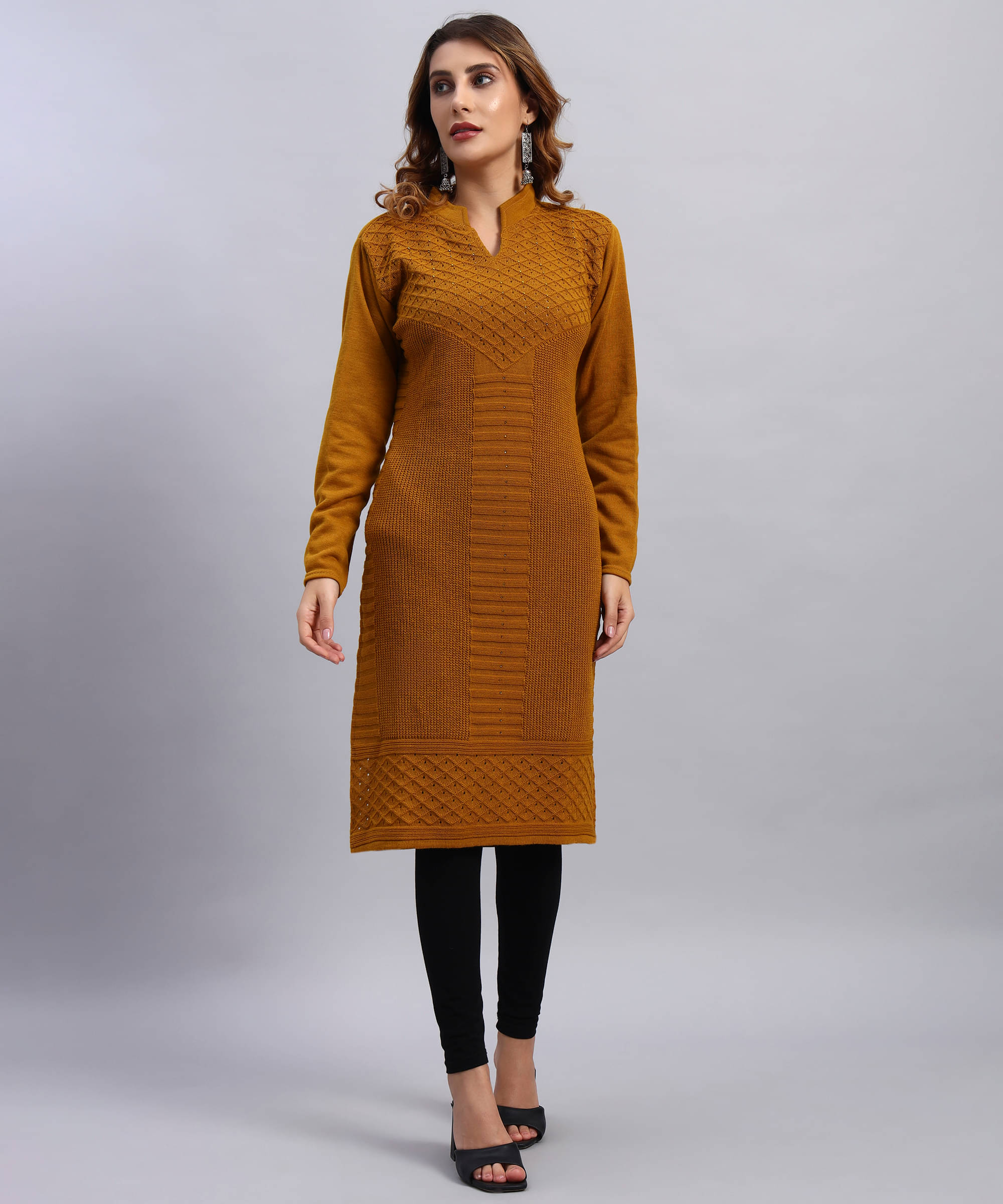 DRESSBASE Women Woollen Self Design Straight Kurti ( Mustard ) DRESSBASE Women Woollen Self Design Straight Kurti ( Mustard )