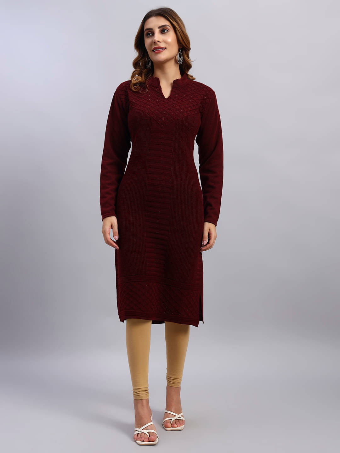 DRESSBASE Women Woollen Self Design Straight Kurti ( Wine ) DRESSBASE Women Woollen Self Design Straight Kurti ( Wine )