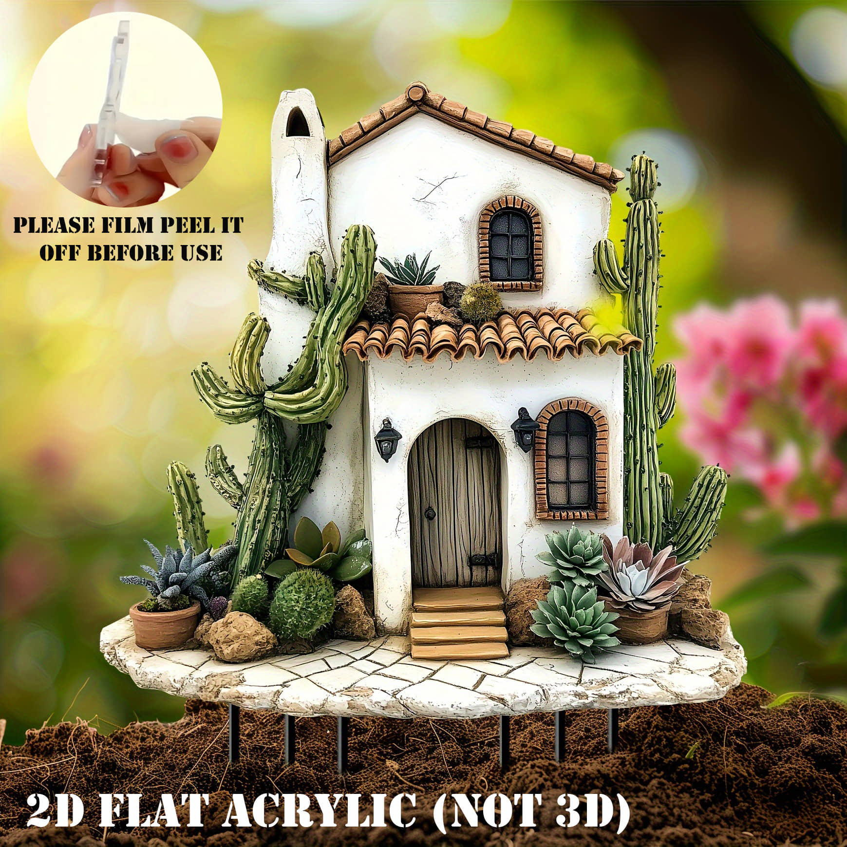 Flenzy 2D Flat Acrylic Desert House Garden Stake with Cactus