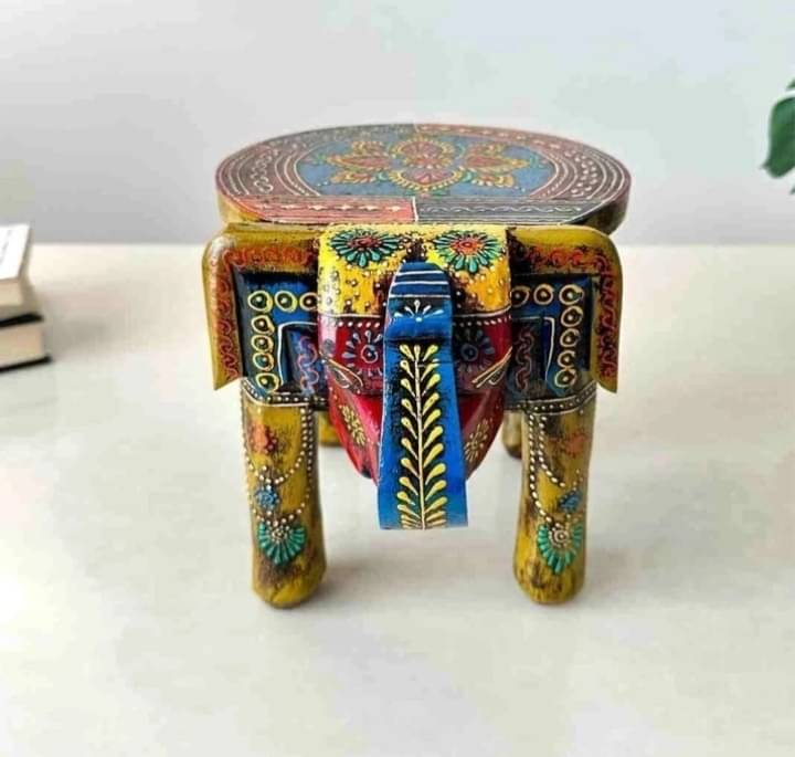Handcrafted Rajasthani Elephant Design Wooden Stool Green Handcrafted Rajasthani Elephant Design Wooden Stool Green