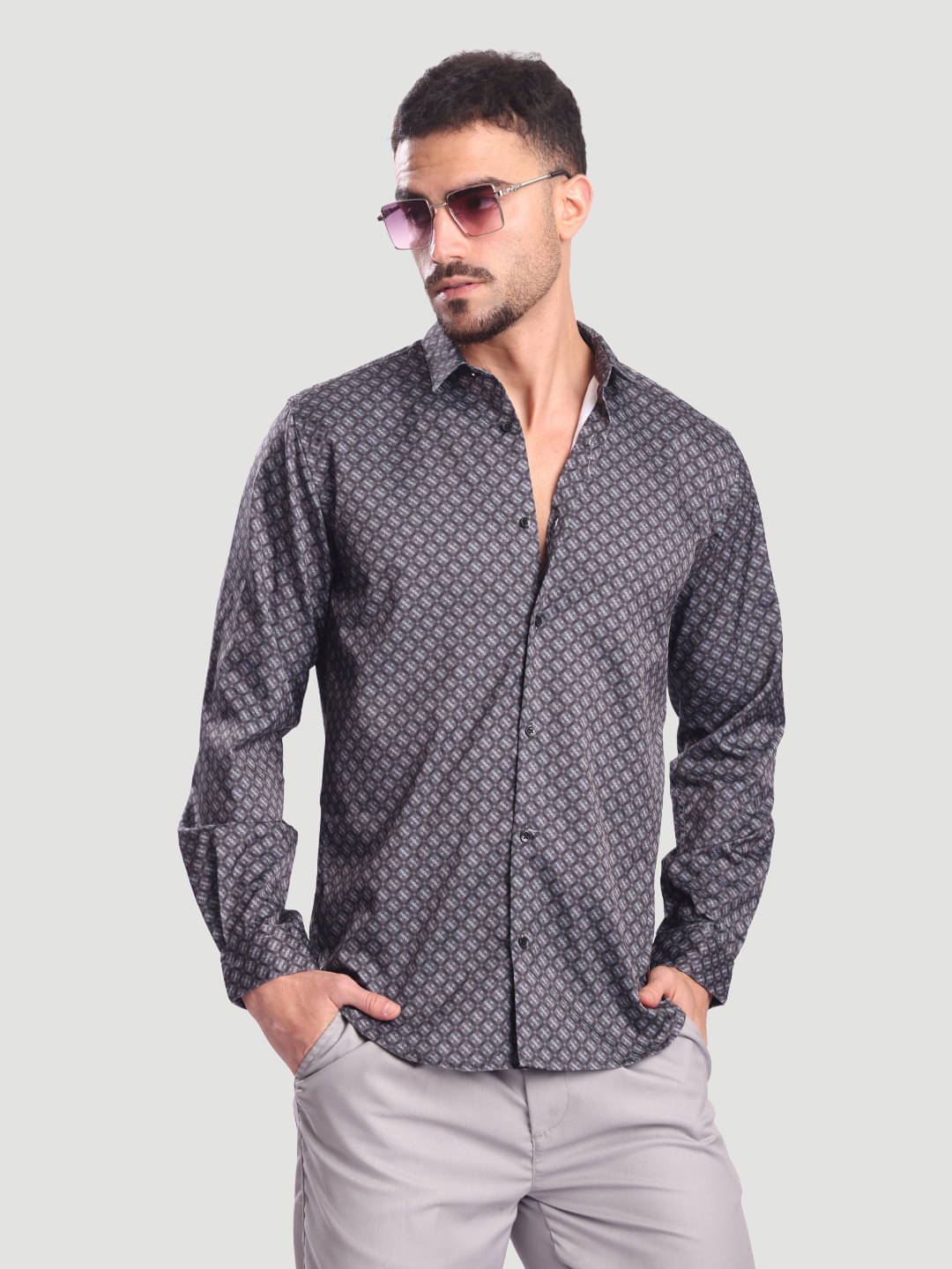IVOC Elastane Slim Fit Printed Full Sleeves Men's Casual Shirt - Dark Grey ( Pack of 1 )     			IVOC Elastane Slim Fit Printed Full Sleeves Men's Casual Shirt - Dark Grey ( Pack of 1 )