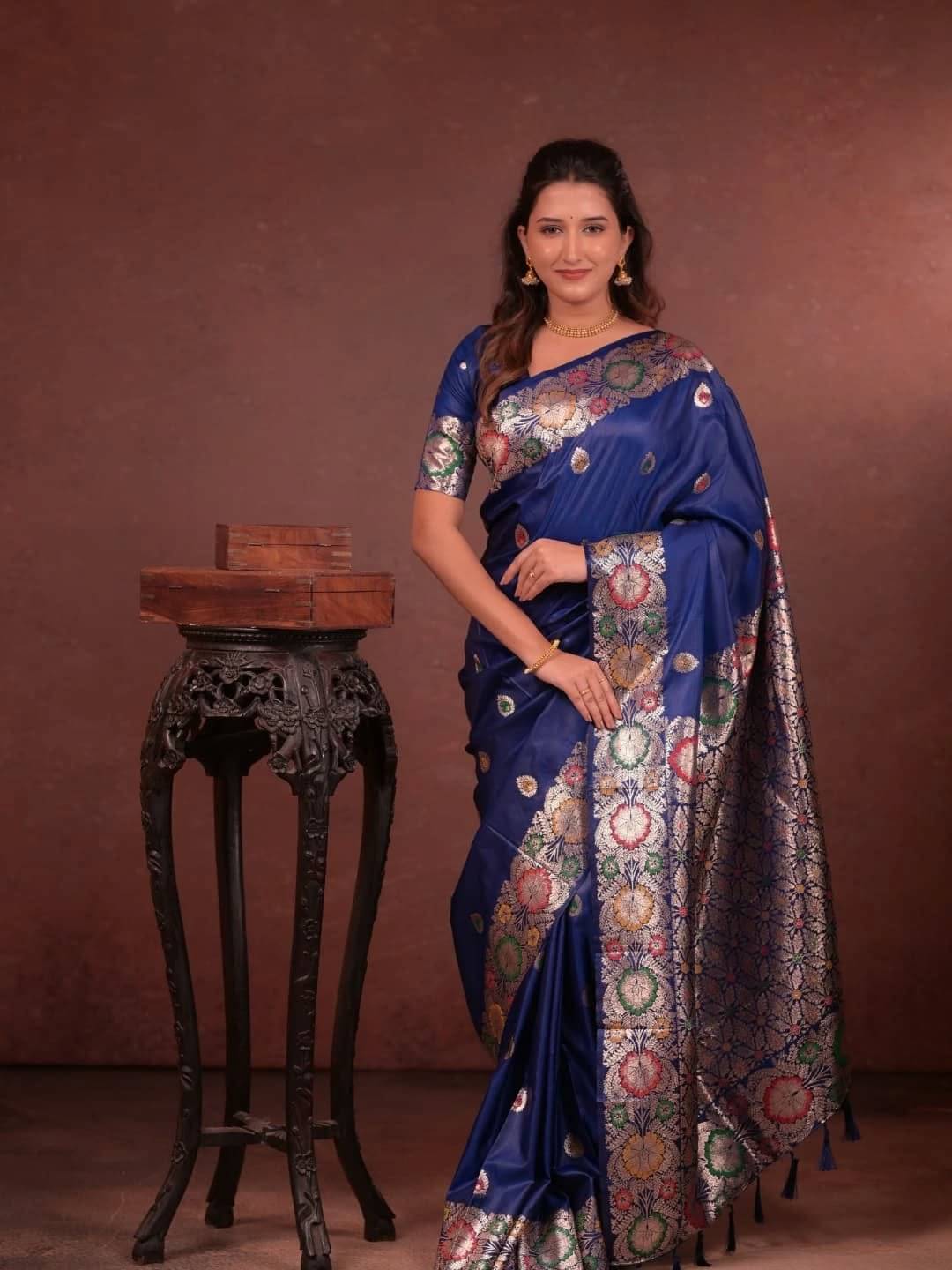 Indesa Art Silk Solid Banarasi saree With Unstitched Blouse Piece ( Blue ) Indesa Art Silk Solid Banarasi saree With Unstitched Blouse Piece ( Blue )