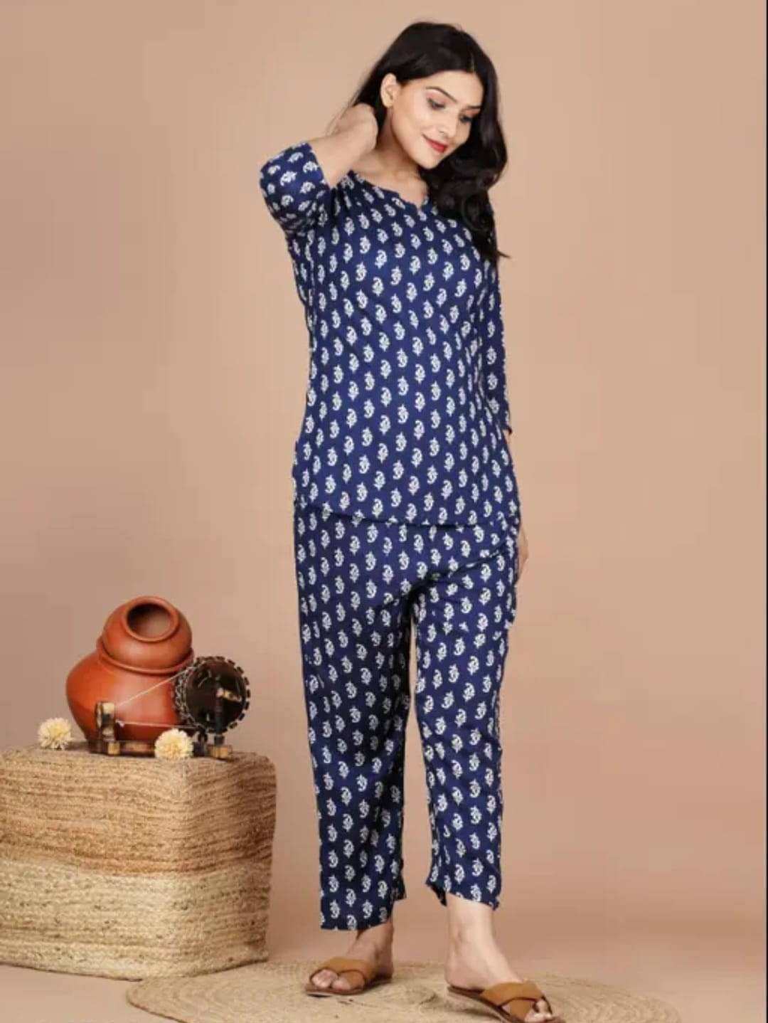     			JALSHA Rayon Printed Women Top with Pyjama ( Blue )