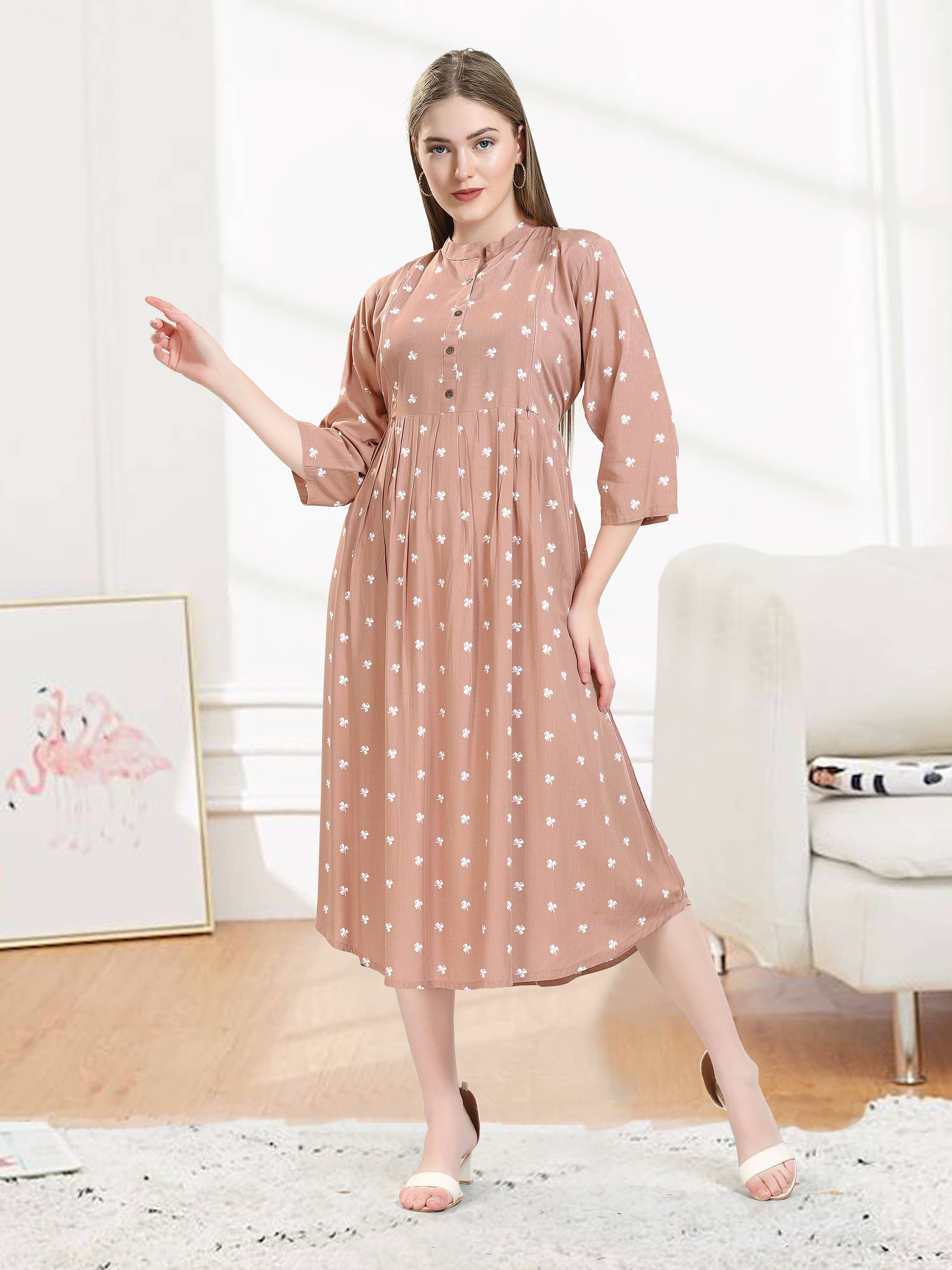 KAITEI Women Rayon Printed Fit & Flare Dress ( Brown ) KAITEI Women Rayon Printed Fit & Flare Dress ( Brown )