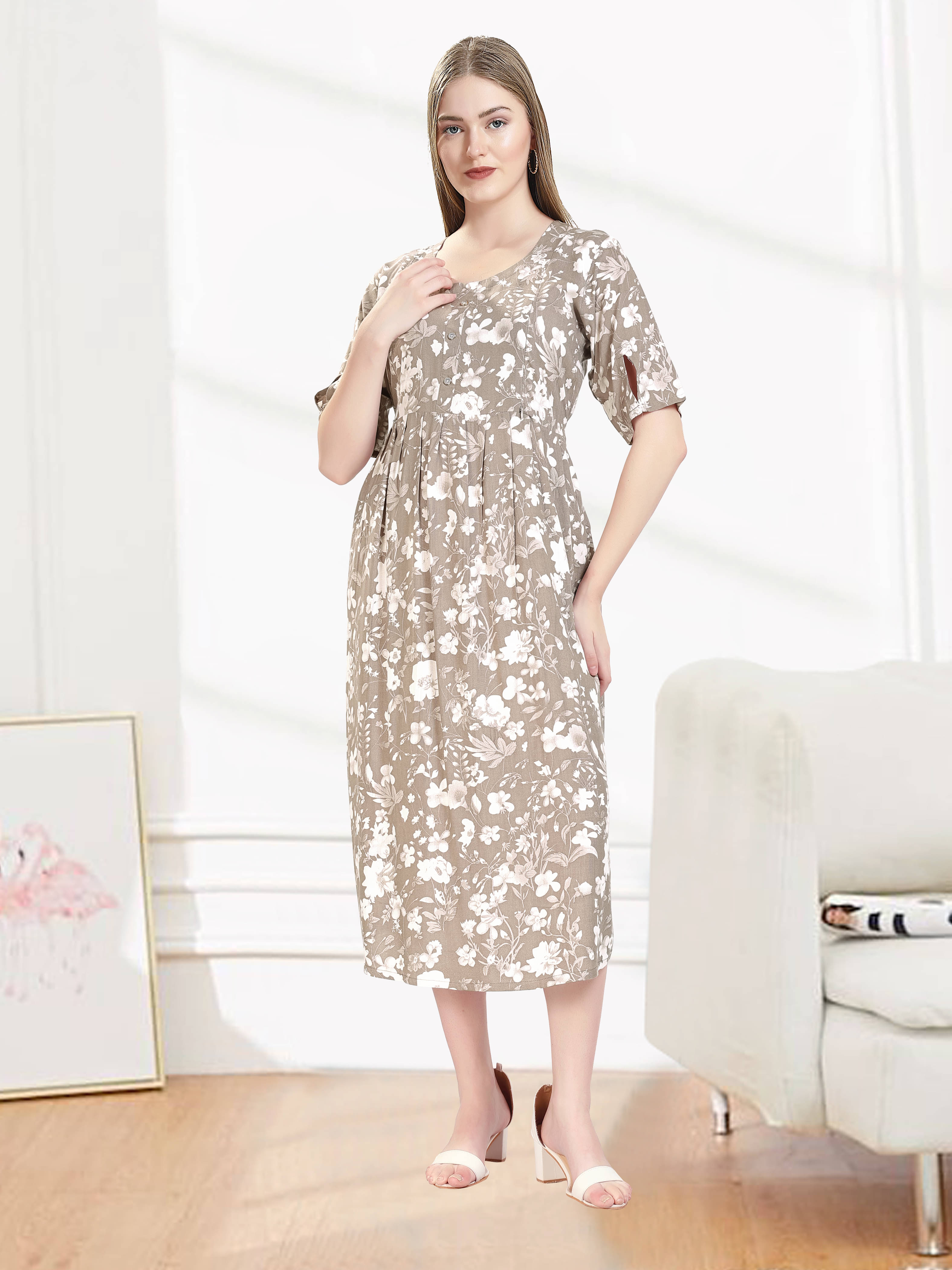 KAITEI Women Rayon Printed Fit & Flare Dress ( Brown ) KAITEI Women Rayon Printed Fit & Flare Dress ( Brown )