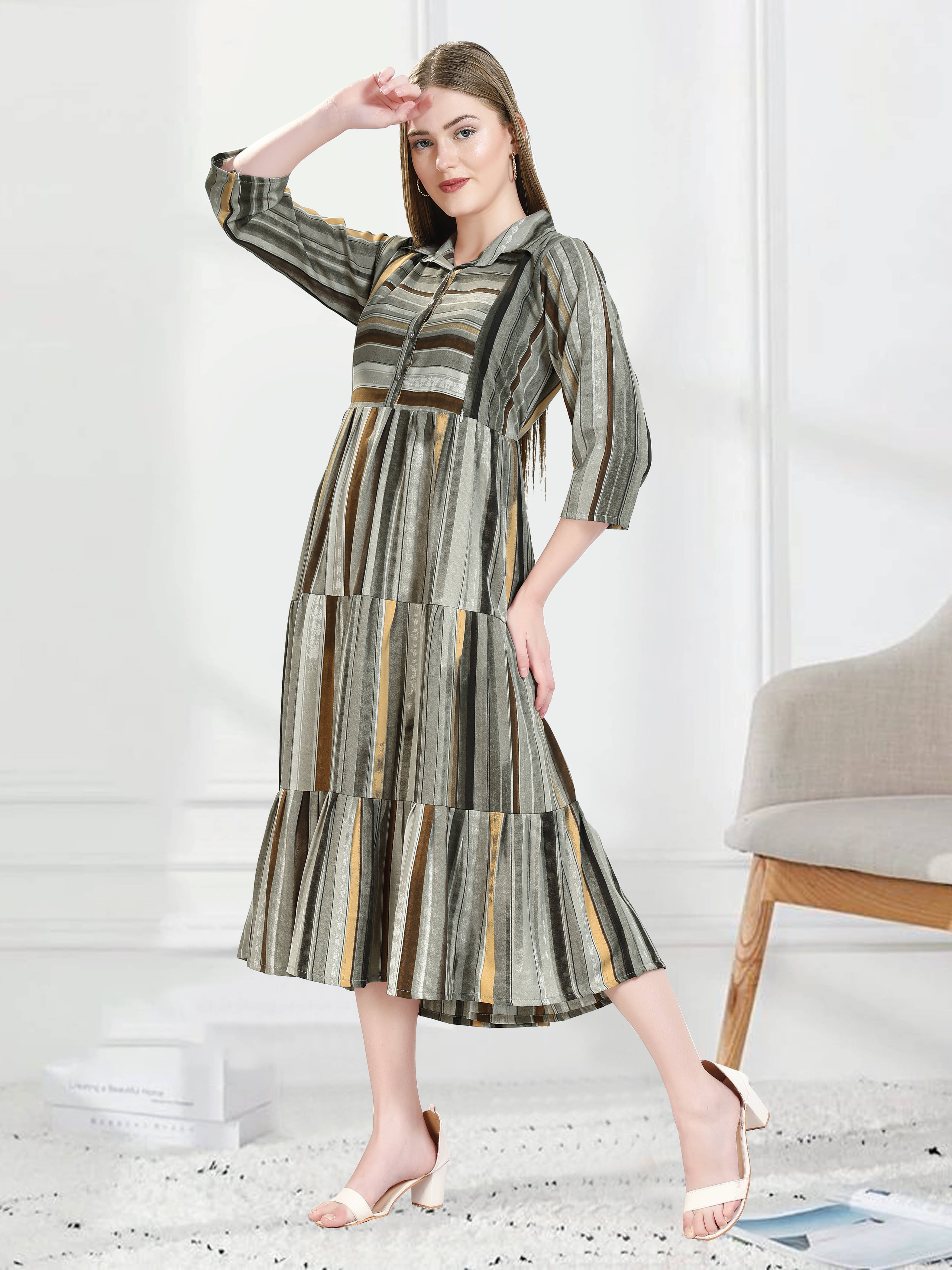 KAITEI Women Rayon Printed Fit & Flare Dress ( Dark Grey ) KAITEI Women Rayon Printed Fit & Flare Dress ( Dark Grey )