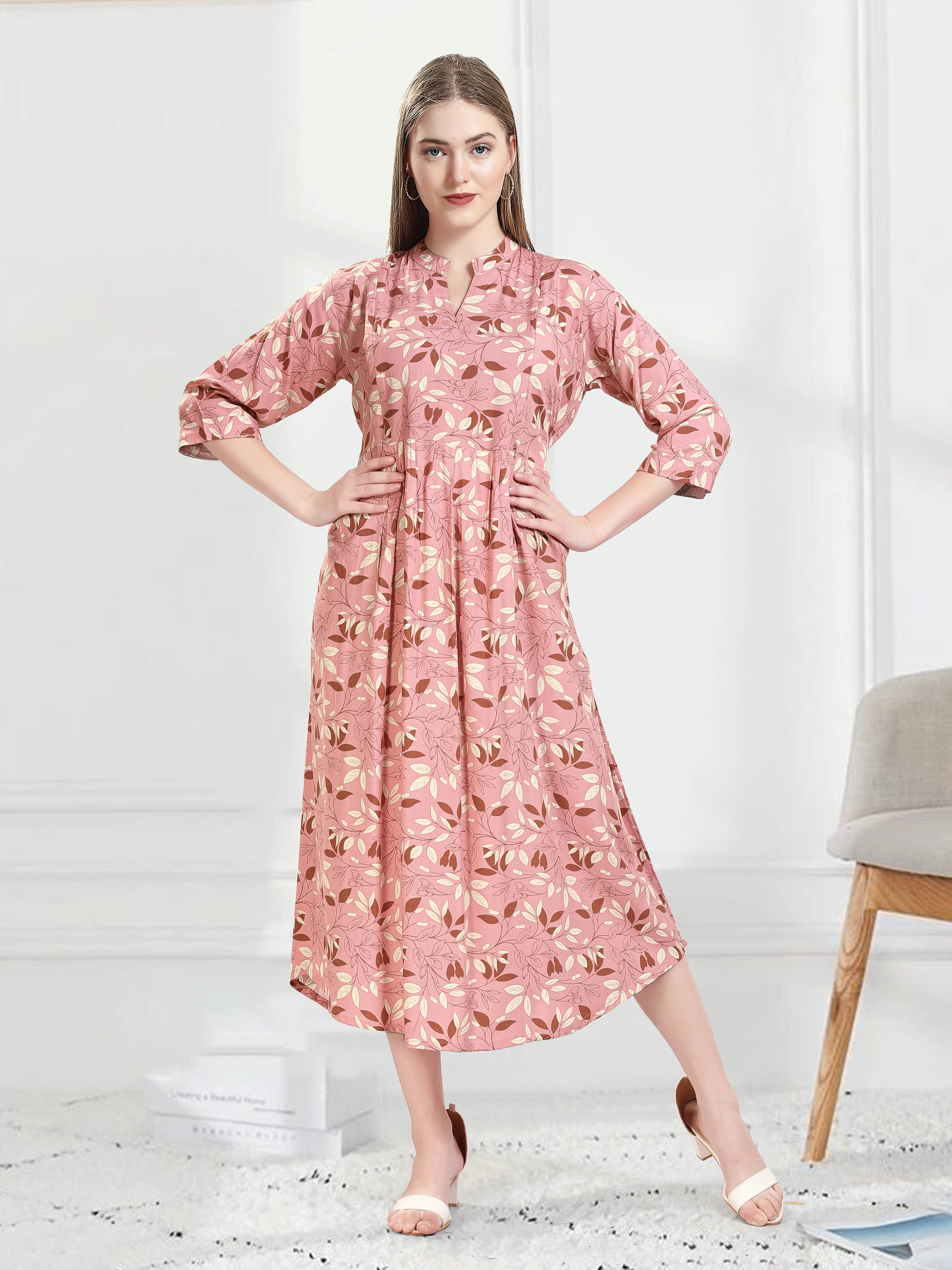 KAITEI Women Rayon Printed Fit & Flare Dress ( Pink )     			KAITEI Women Rayon Printed Fit & Flare Dress ( Pink )
