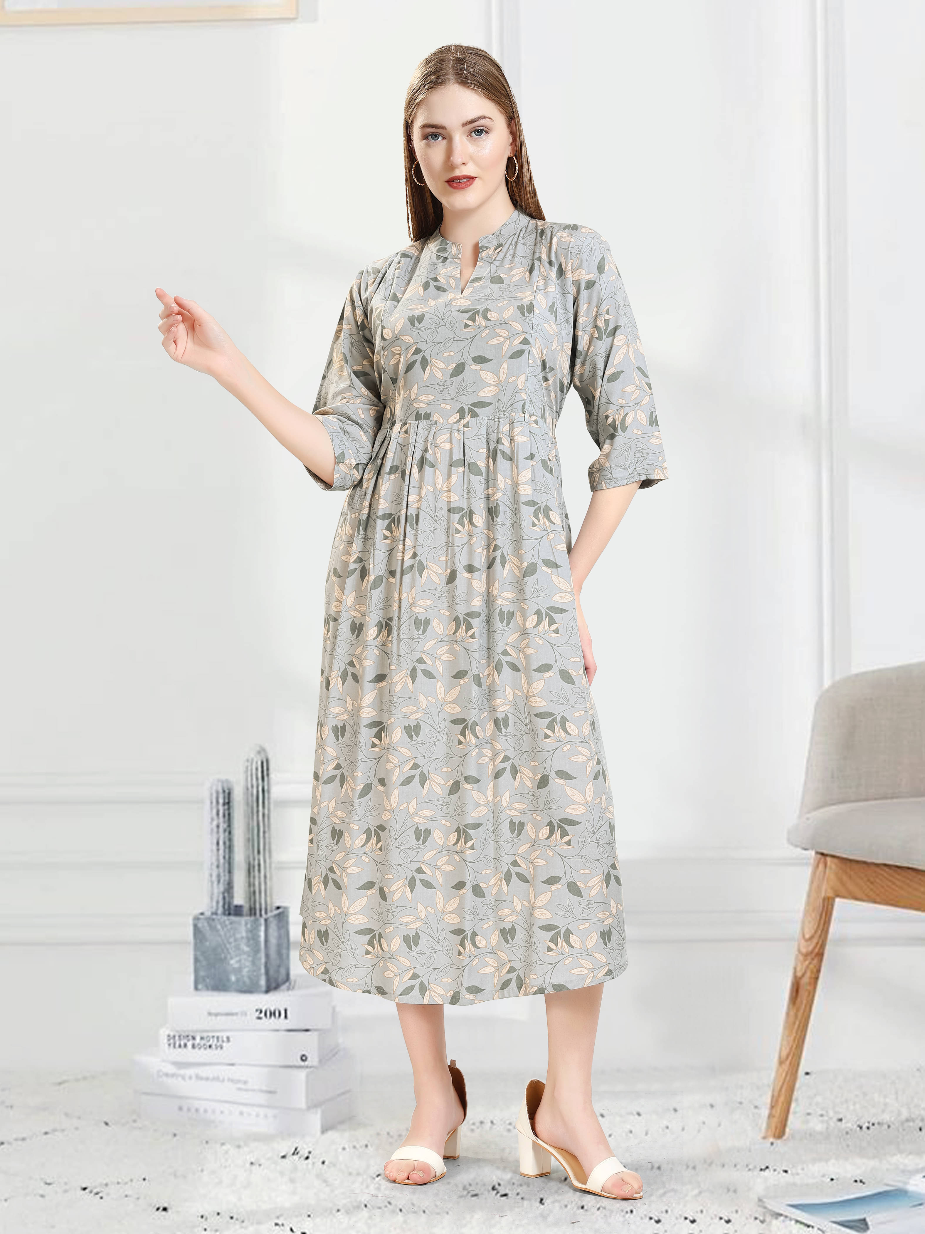 KAITEI Women Rayon Printed Fit & Flare Dress ( Grey ) KAITEI Women Rayon Printed Fit & Flare Dress ( Grey )