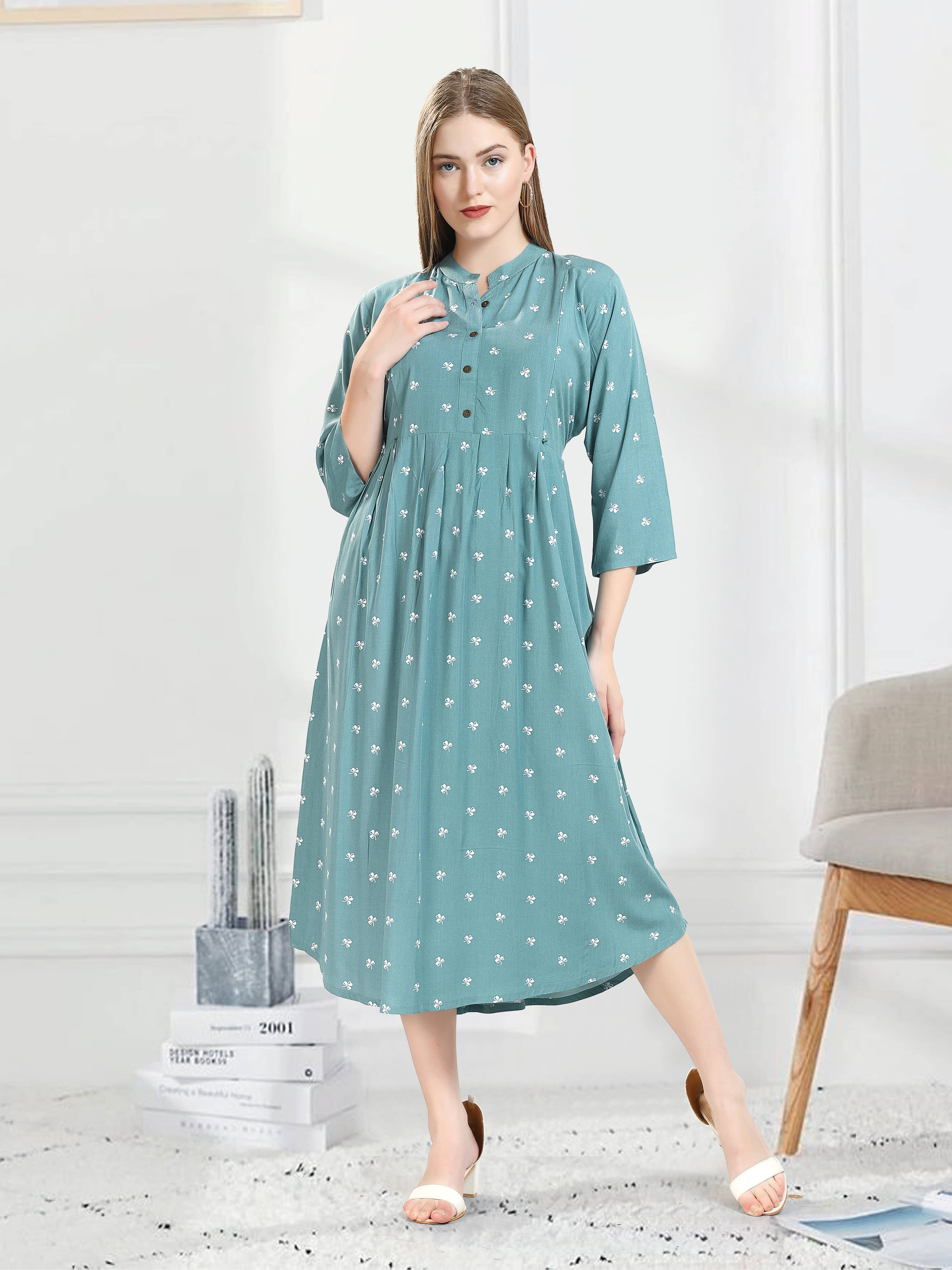 KAITEI Women Rayon Printed Fit & Flare Dress ( Green )     			KAITEI Women Rayon Printed Fit & Flare Dress ( Green )
