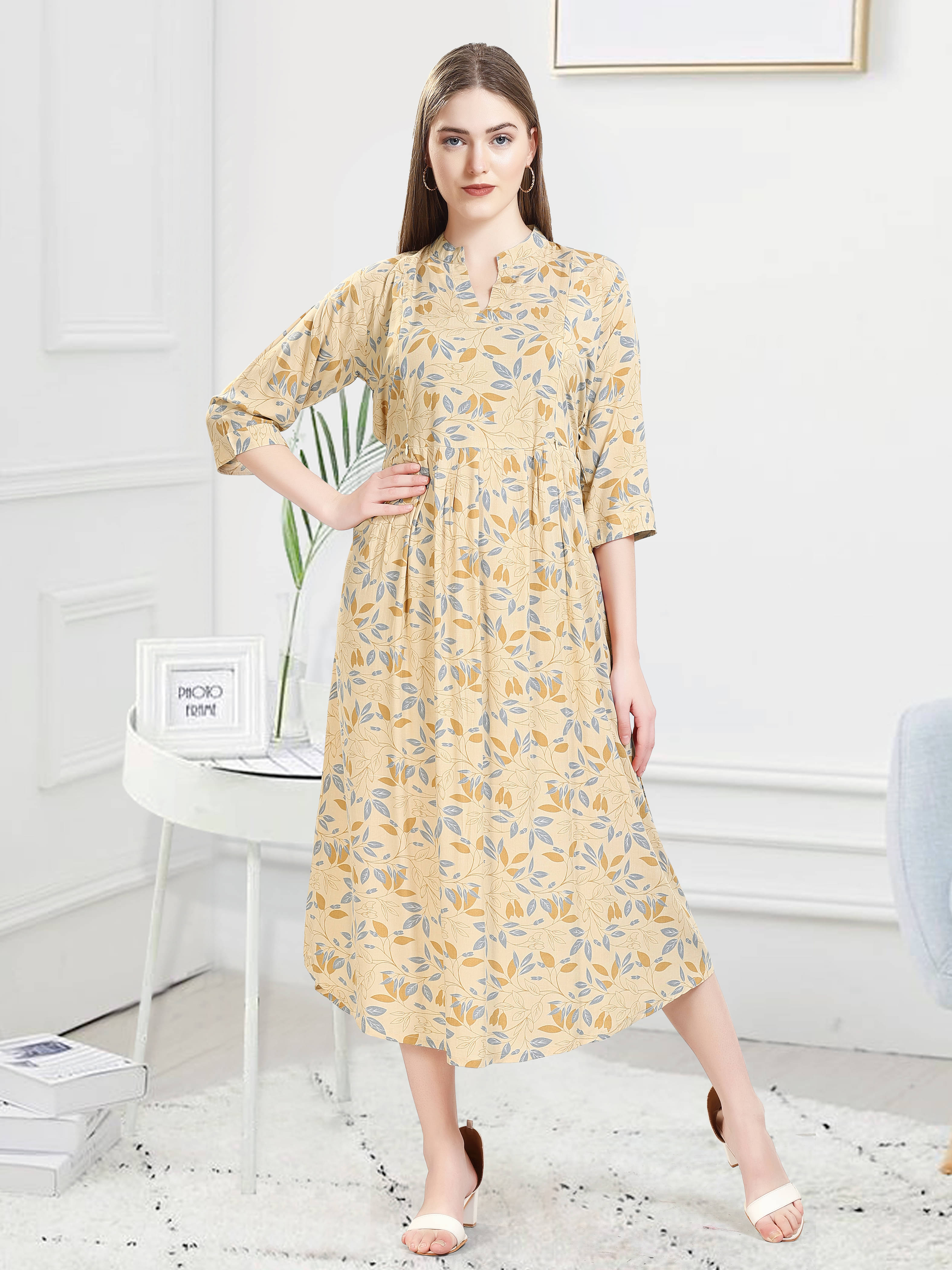 KAITEI Women Rayon Printed Fit & Flare Dress ( Yellow ) KAITEI Women Rayon Printed Fit & Flare Dress ( Yellow )