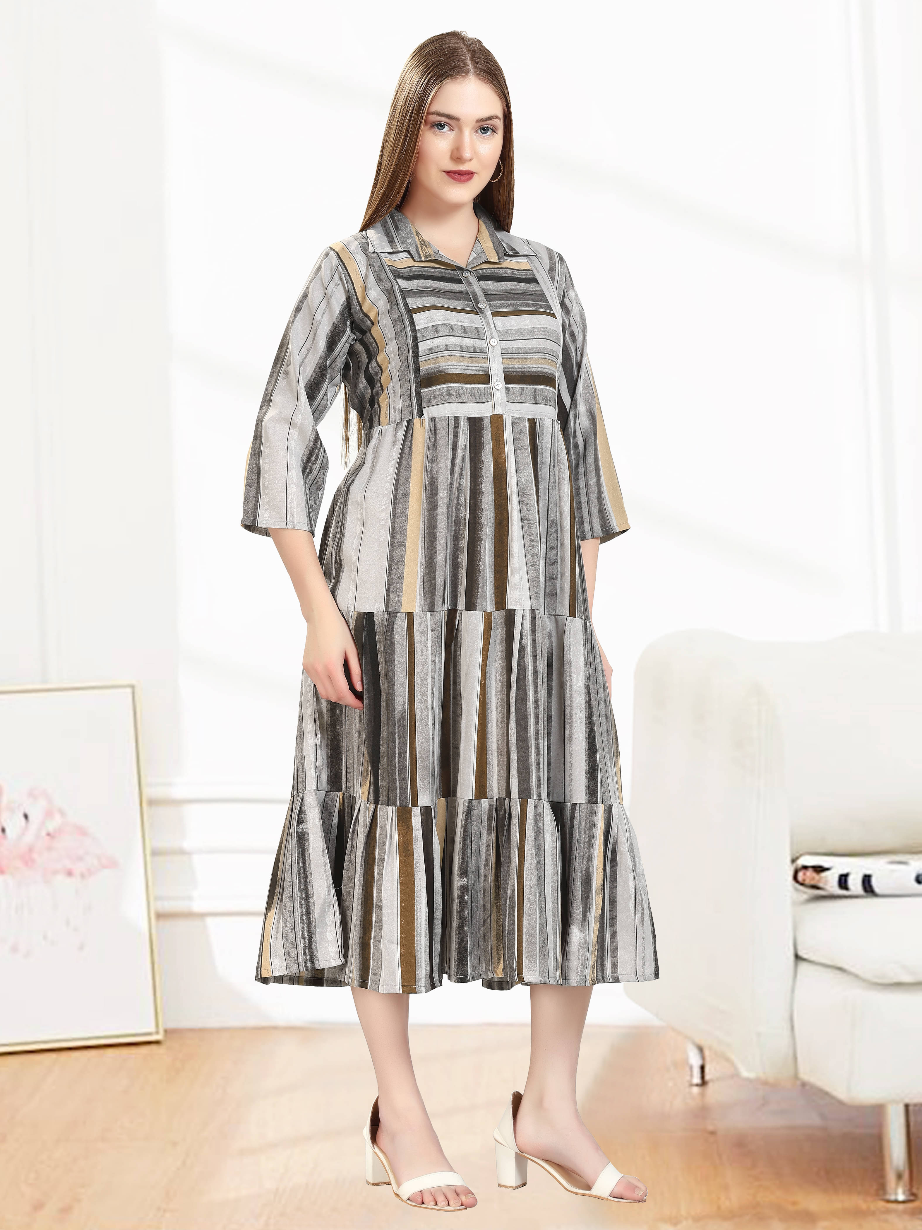 KAITEI Women Rayon Printed Fit & Flare Dress ( Grey ) KAITEI Women Rayon Printed Fit & Flare Dress ( Grey )
