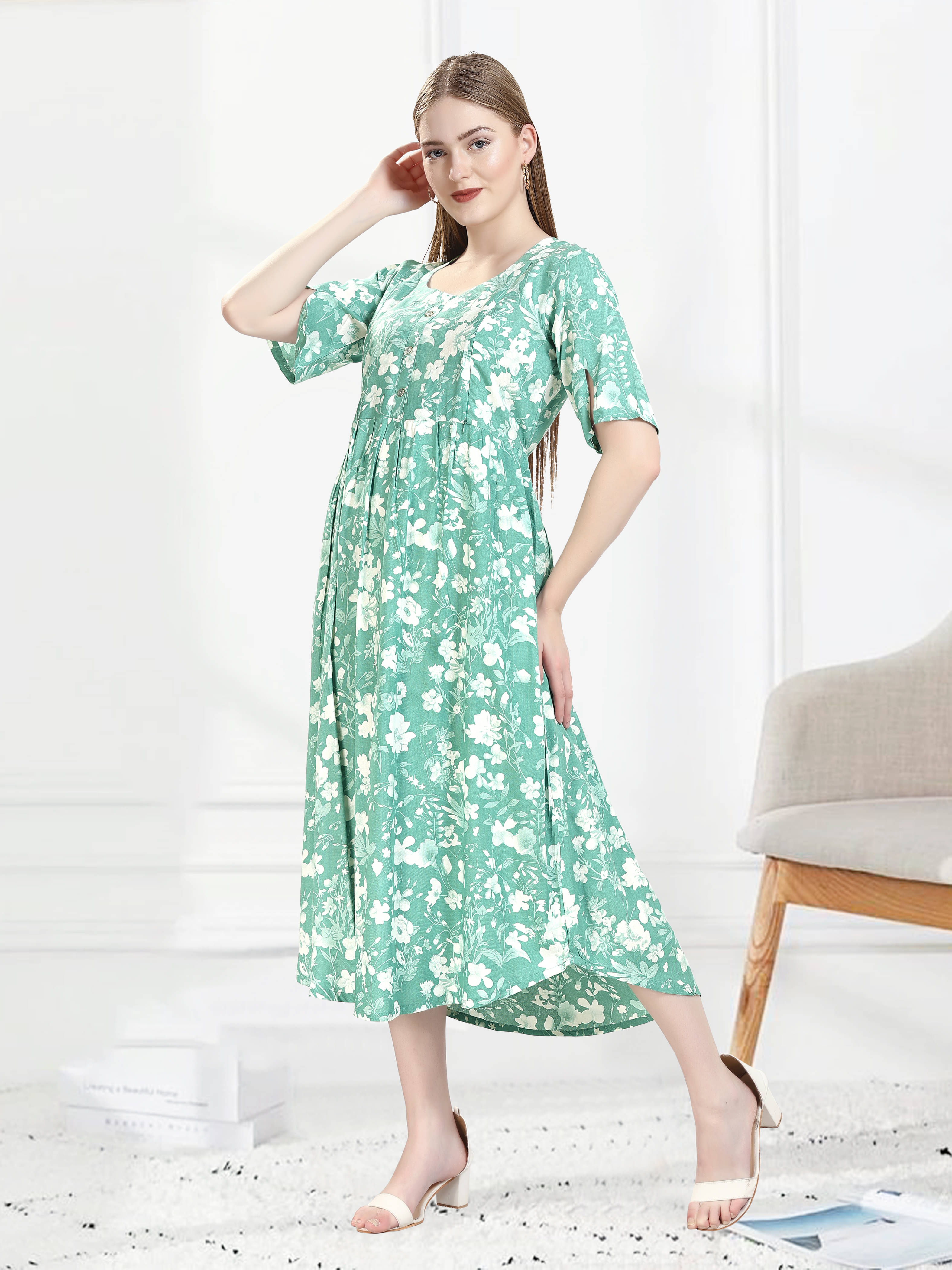     			KAITEI Women Rayon Printed Fit & Flare Dress ( Green )