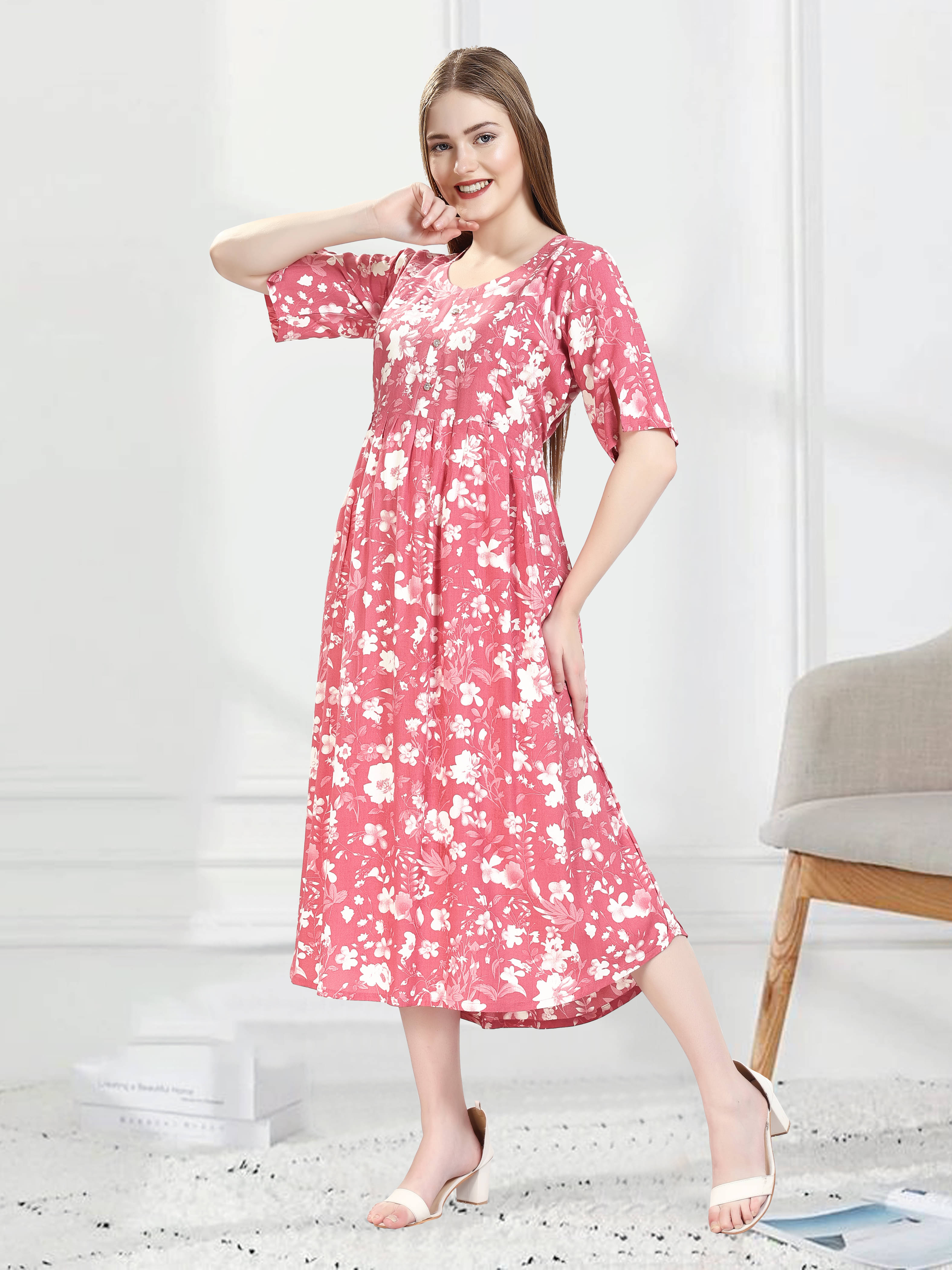 KAITEI Women Rayon Printed Fit & Flare Dress ( Pink ) KAITEI Women Rayon Printed Fit & Flare Dress ( Pink )