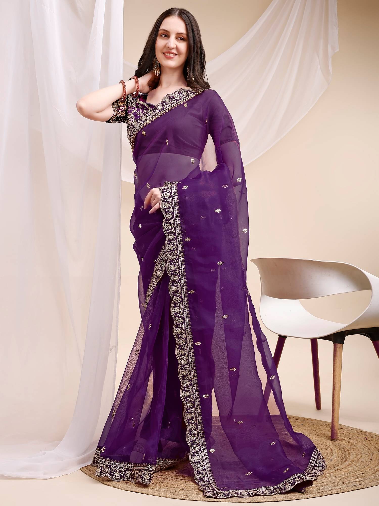 KV Fashion Organza Embroidered Regular Saree With Unstitched Blouse Piece ( Purple ) KV Fashion Organza Embroidered Regular Saree With Unstitched Blouse Piece ( Purple )