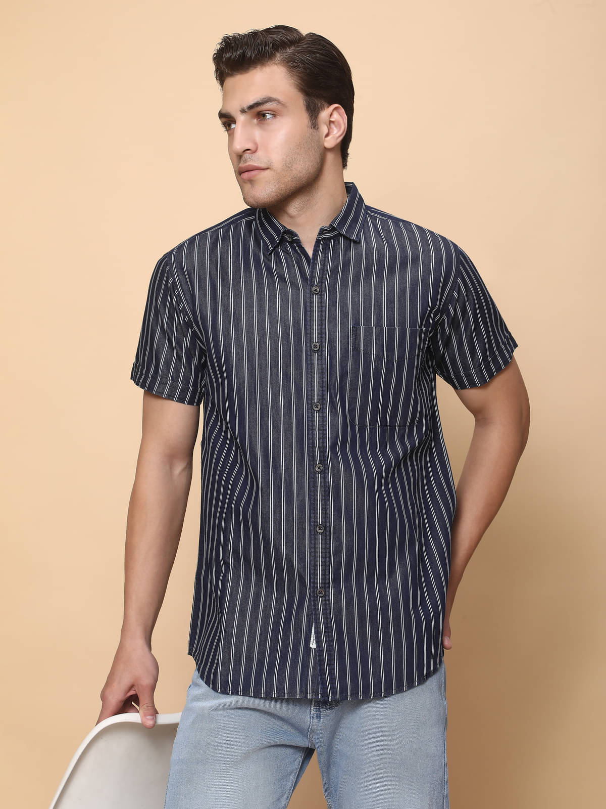 Kuons Avenue Denim Regular Fit Striped Half Sleeves Men's Casual Shirt - Blue ( Pack of 1 ) Kuons Avenue Denim Regular Fit Striped Half Sleeves Men's Casual Shirt - Blue ( Pack of 1 )