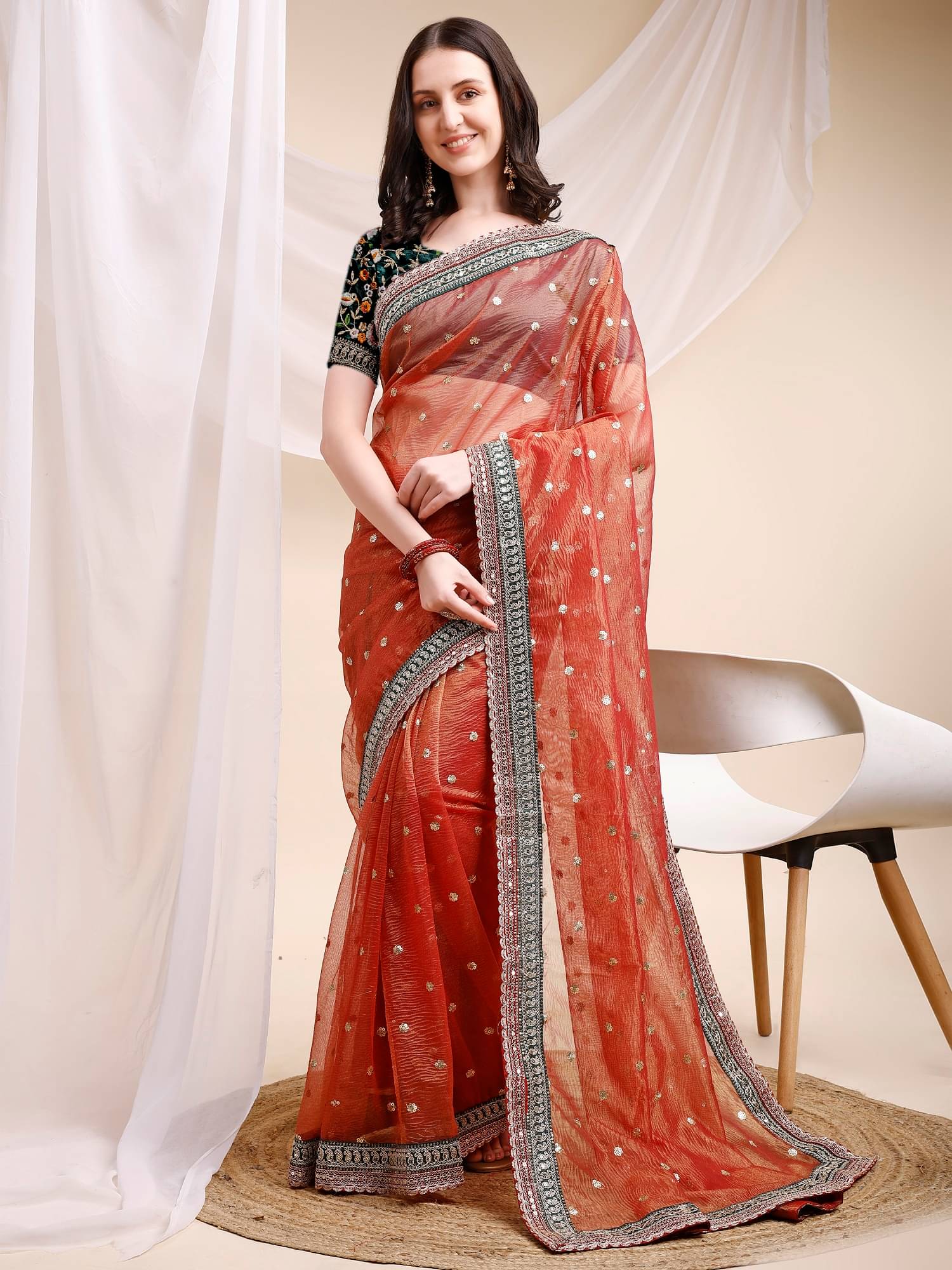 Lady Shopi Net Embroidered Regular Saree With Unstitched Blouse Piece ( Orange ) Lady Shopi Net Embroidered Regular Saree With Unstitched Blouse Piece ( Orange )