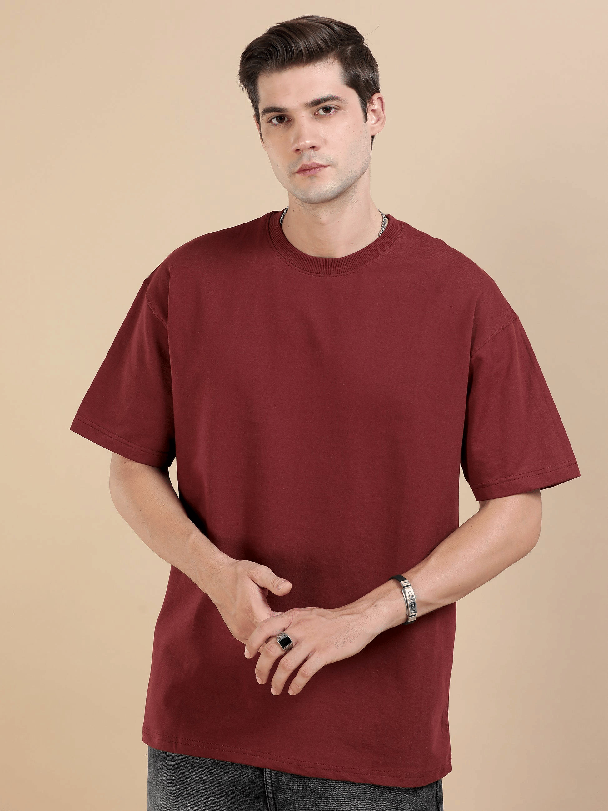 LazyGreg Men Cotton Oversized Fit Solid T-Shirt ( Maroon )     			LazyGreg Men Cotton Oversized Fit Solid T-Shirt ( Maroon )