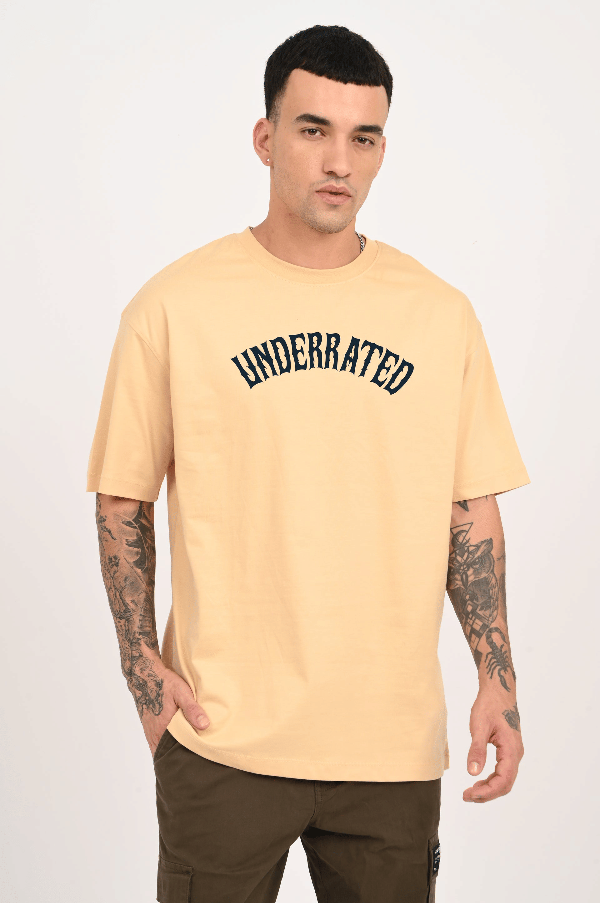 LazyGreg Men Cotton Oversized Fit Printed T-Shirt ( Beige )     			LazyGreg Men Cotton Oversized Fit Printed T-Shirt ( Beige )