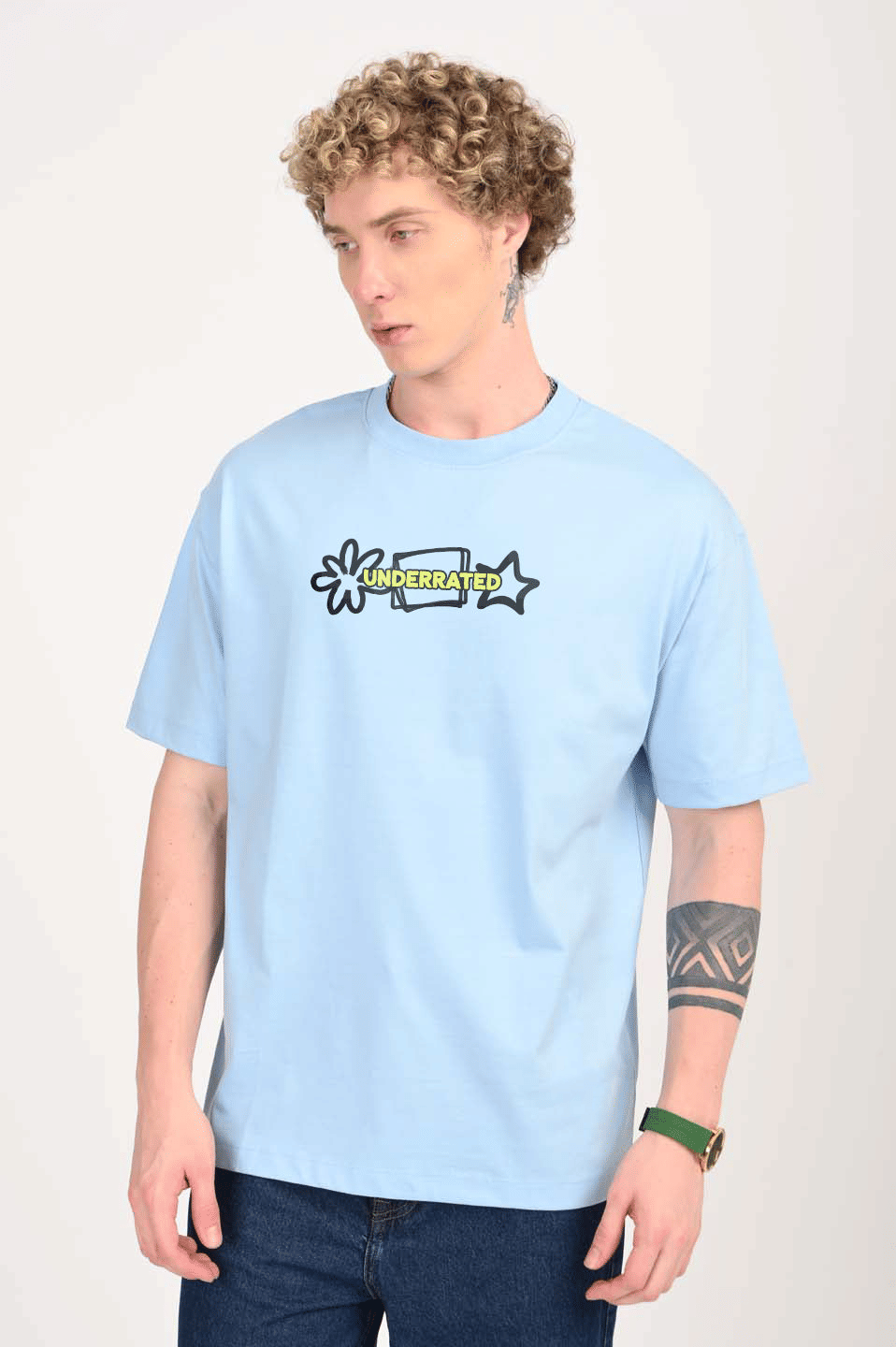 LazyGreg Men Cotton Oversized Fit Printed T-Shirt ( Light Blue ) LazyGreg Men Cotton Oversized Fit Printed T-Shirt ( Light Blue )