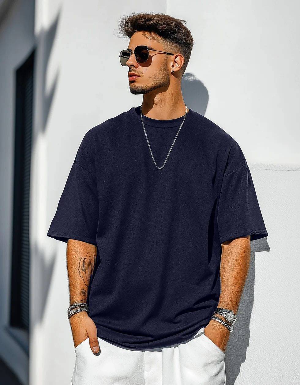     			LazyGreg Men Cotton Oversized Fit Solid T-Shirt ( Navy Blue )