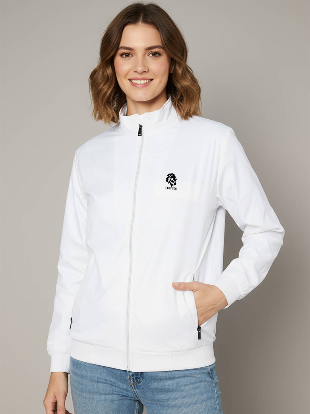     			Leotude Women Round Neck Bomber Jacket ( White )