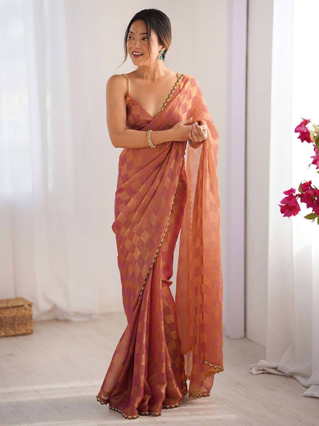MAHAVIR CREATION Chiffon Checked Regular Saree With Unstitched Blouse Piece ( Rust ) MAHAVIR CREATION Chiffon Checked Regular Saree With Unstitched Blouse Piece ( Rust )