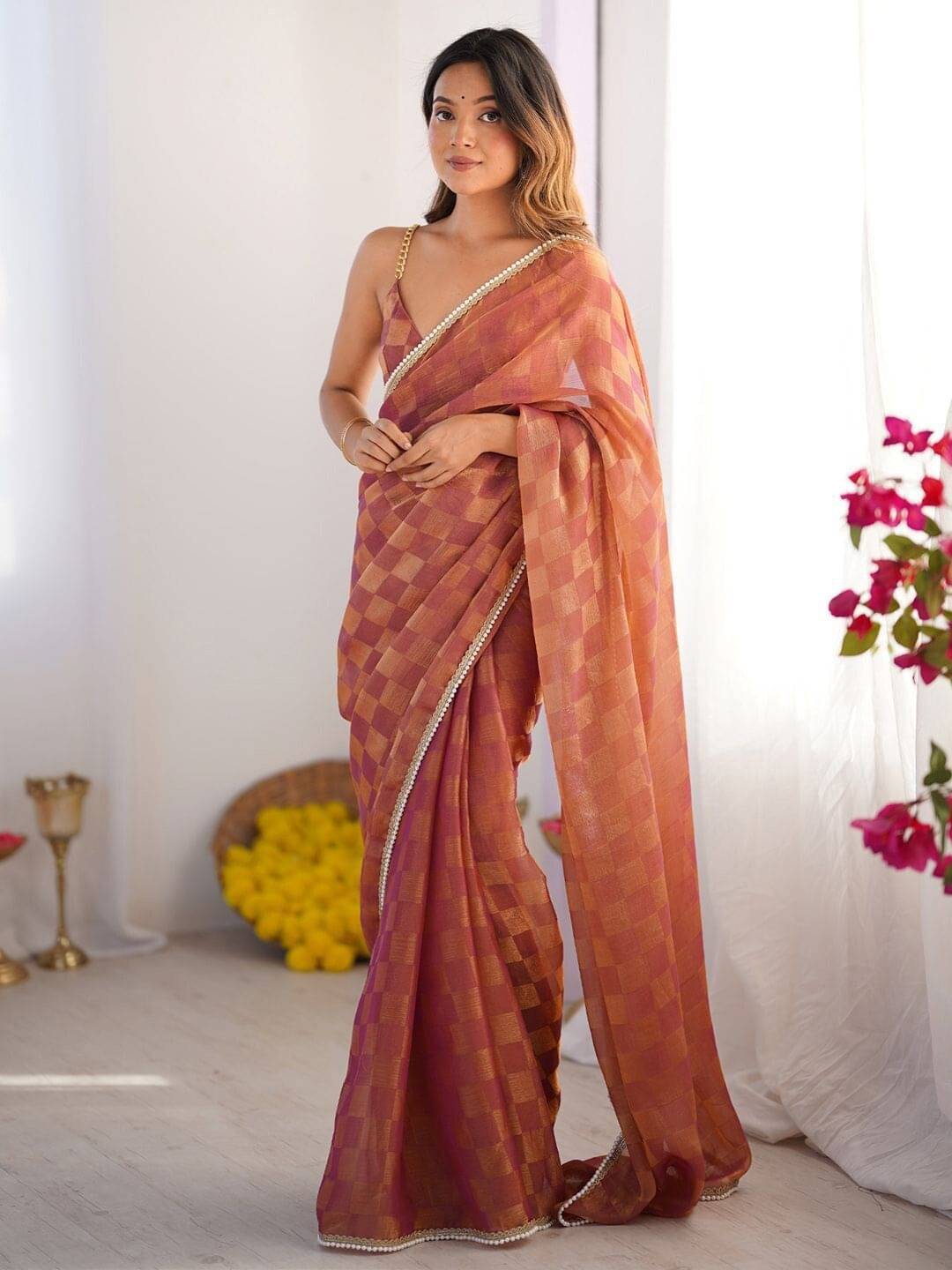 MAHAVIR CREATION Chiffon Checked Regular Saree With Unstitched Blouse Piece ( Rust ) MAHAVIR CREATION Chiffon Checked Regular Saree With Unstitched Blouse Piece ( Rust )
