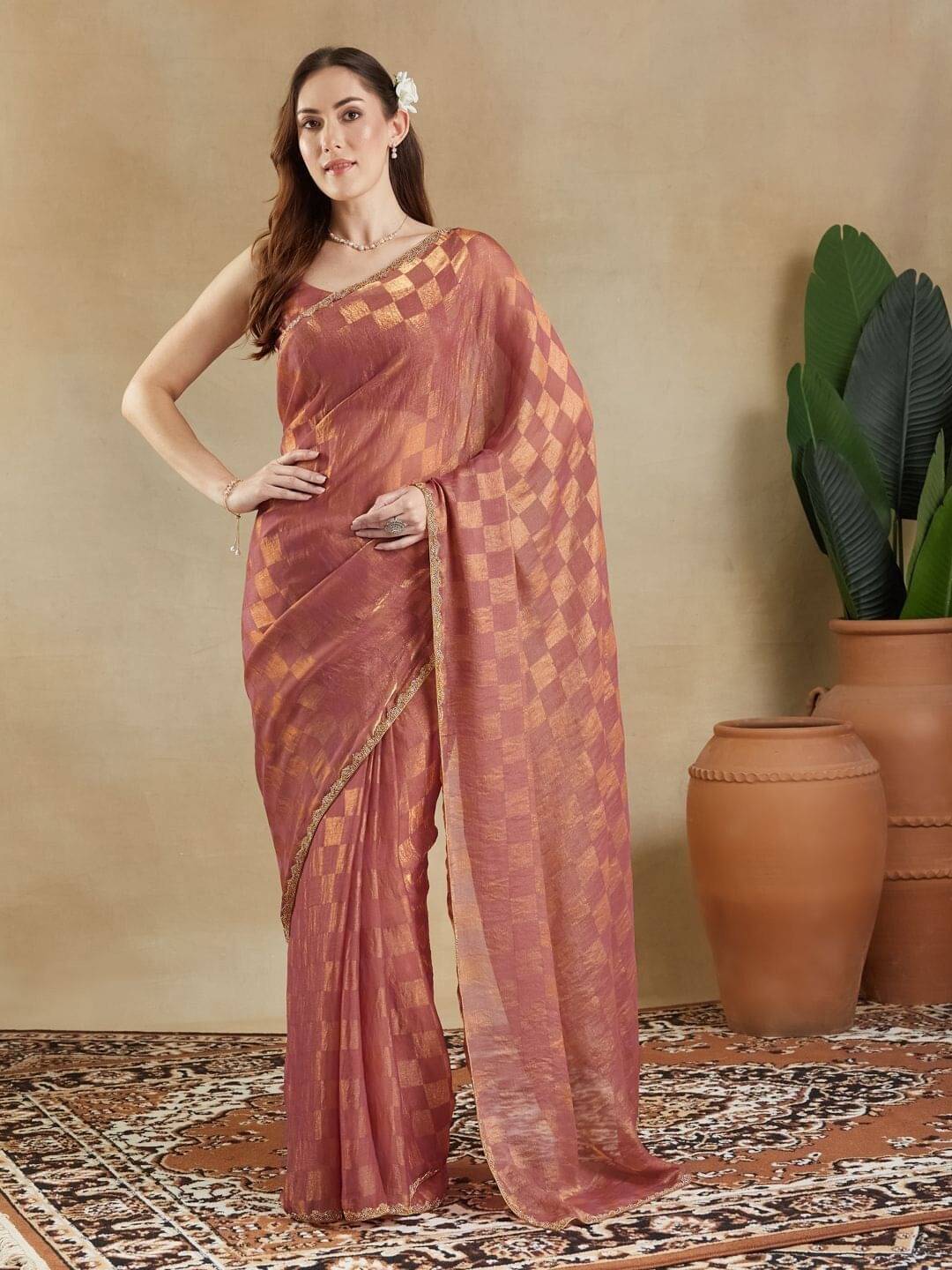 MAHAVIR CREATION Chiffon Checked Regular Saree With Unstitched Blouse Piece ( Rust ) MAHAVIR CREATION Chiffon Checked Regular Saree With Unstitched Blouse Piece ( Rust )