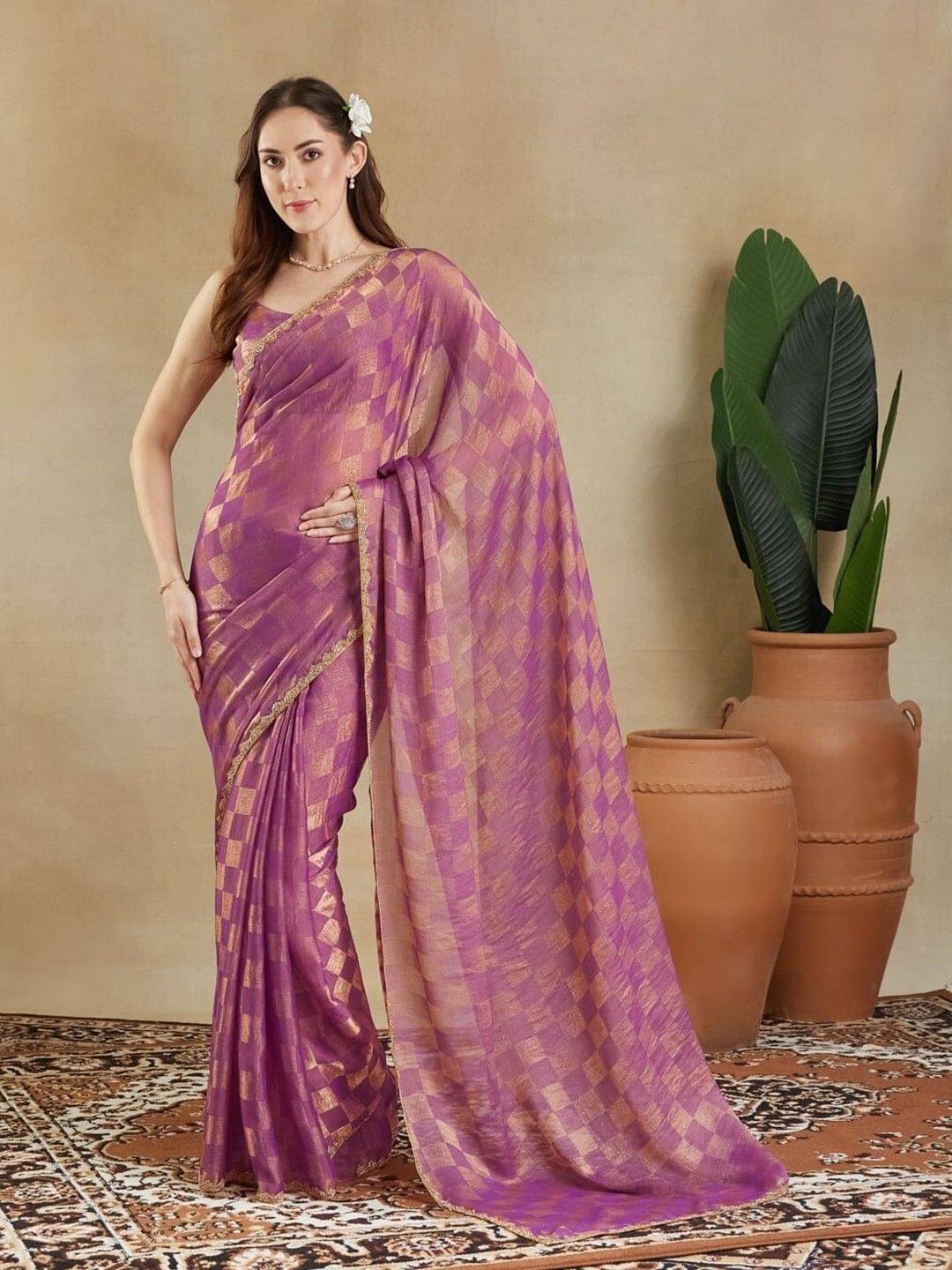 MAHAVIR CREATION Chiffon Checked Regular Saree With Unstitched Blouse Piece ( Purple ) MAHAVIR CREATION Chiffon Checked Regular Saree With Unstitched Blouse Piece ( Purple )