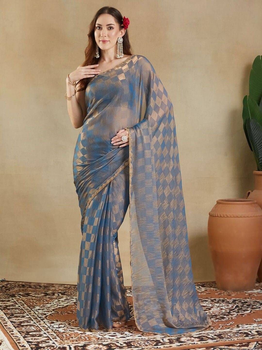 MAHAVIR CREATION Chiffon Checked Regular Saree With Unstitched Blouse Piece ( Blue ) MAHAVIR CREATION Chiffon Checked Regular Saree With Unstitched Blouse Piece ( Blue )