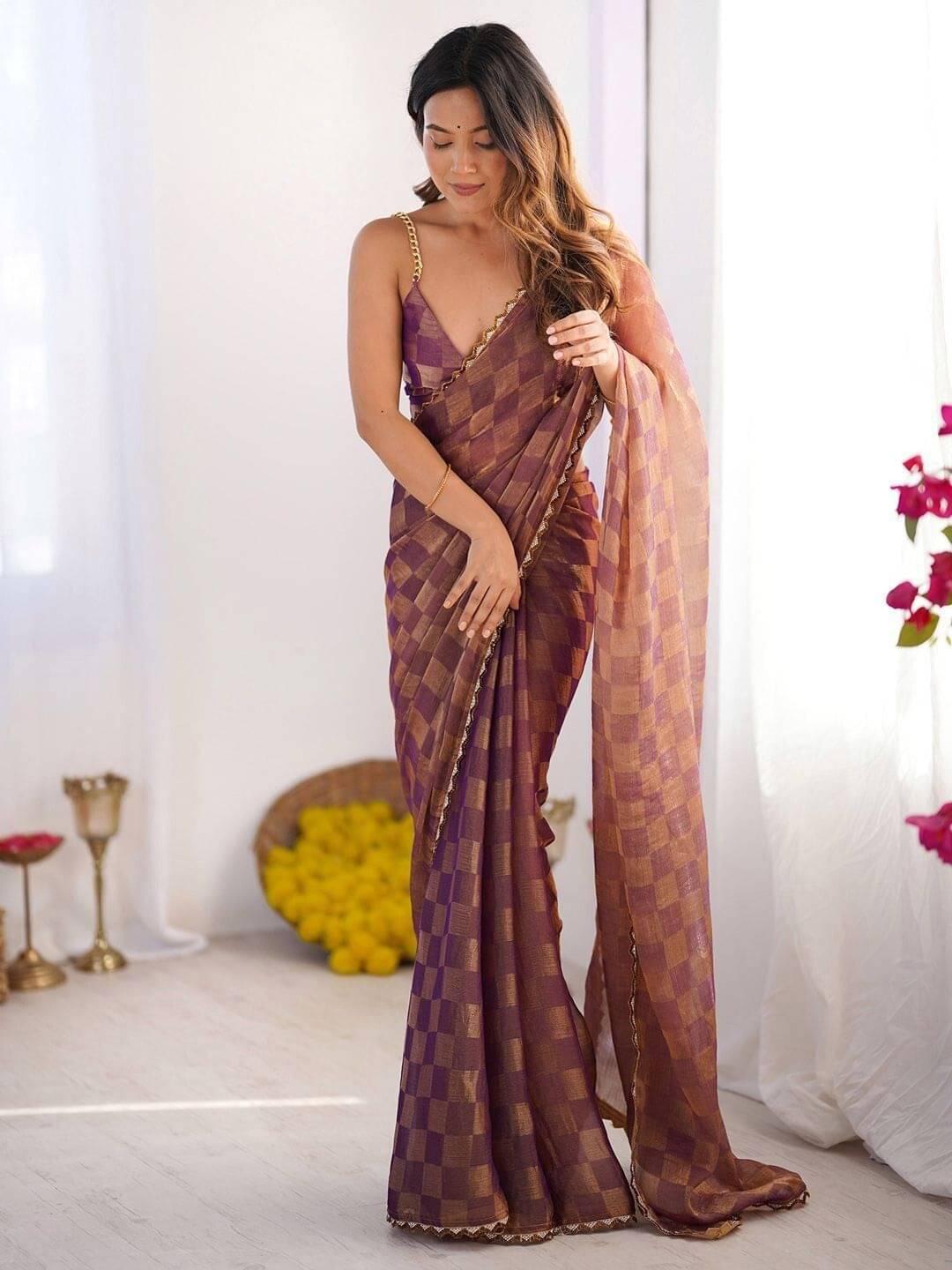     			MAHAVIR CREATION Chiffon Checked Regular Saree With Unstitched Blouse Piece ( Purple )
