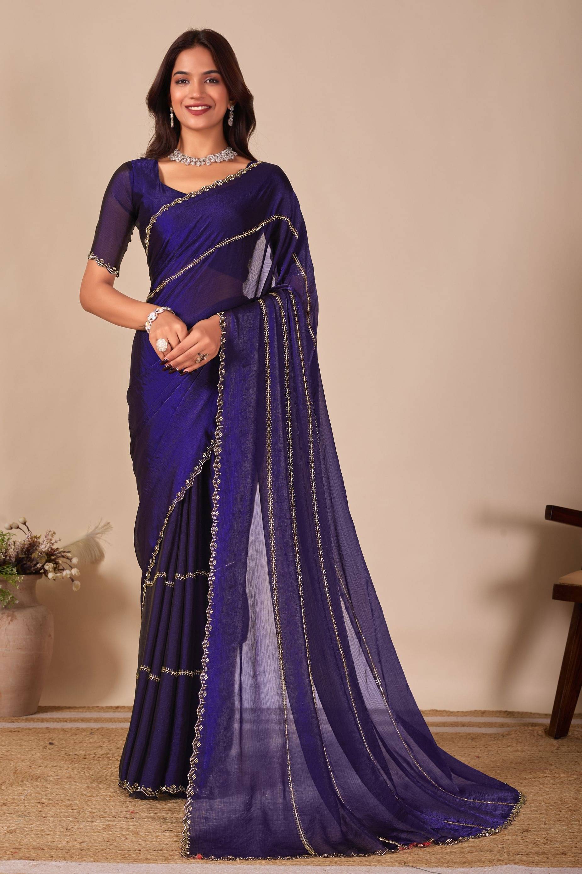 MAHAVIR CREATION Chiffon Embellished Regular Saree With Unstitched Blouse Piece ( Blue )     			MAHAVIR CREATION Chiffon Embellished Regular Saree With Unstitched Blouse Piece ( Blue )