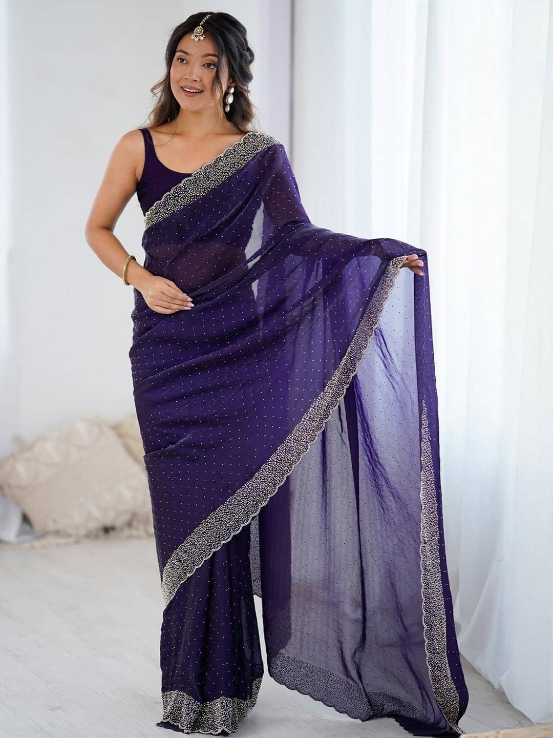 MAHAVIR CREATION Chiffon Embellished Regular Saree With Unstitched Blouse Piece ( Purple ) MAHAVIR CREATION Chiffon Embellished Regular Saree With Unstitched Blouse Piece ( Purple )