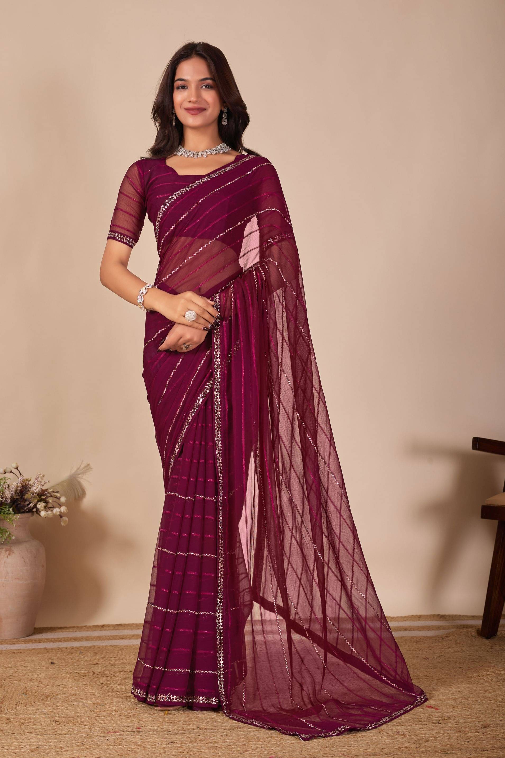    			MAHAVIR CREATION Chiffon Embellished Regular Saree With Unstitched Blouse Piece ( Maroon )