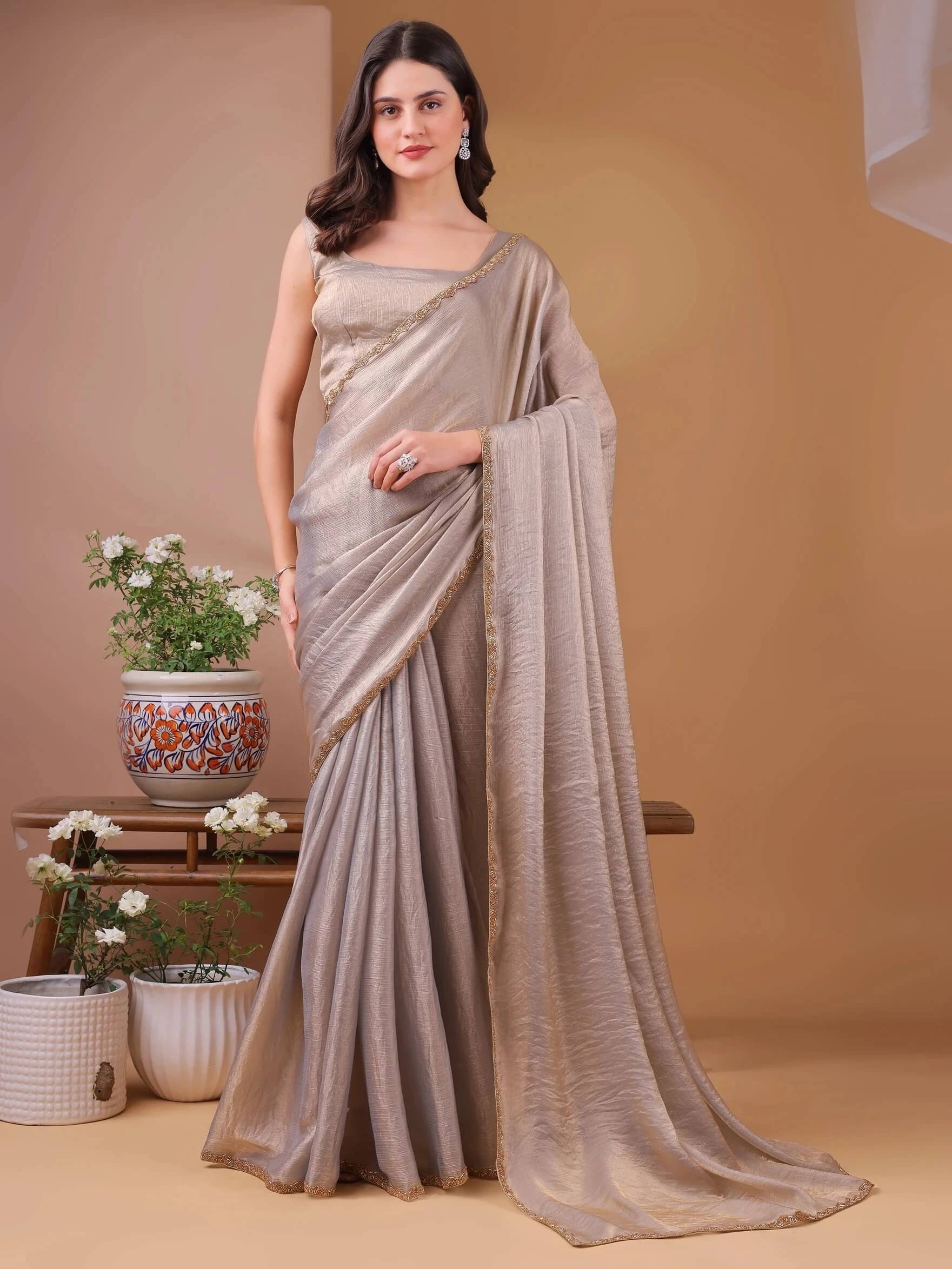 MAHAVIR CREATION Chiffon Solid Regular Saree With Unstitched Blouse Piece ( Beige ) MAHAVIR CREATION Chiffon Solid Regular Saree With Unstitched Blouse Piece ( Beige )
