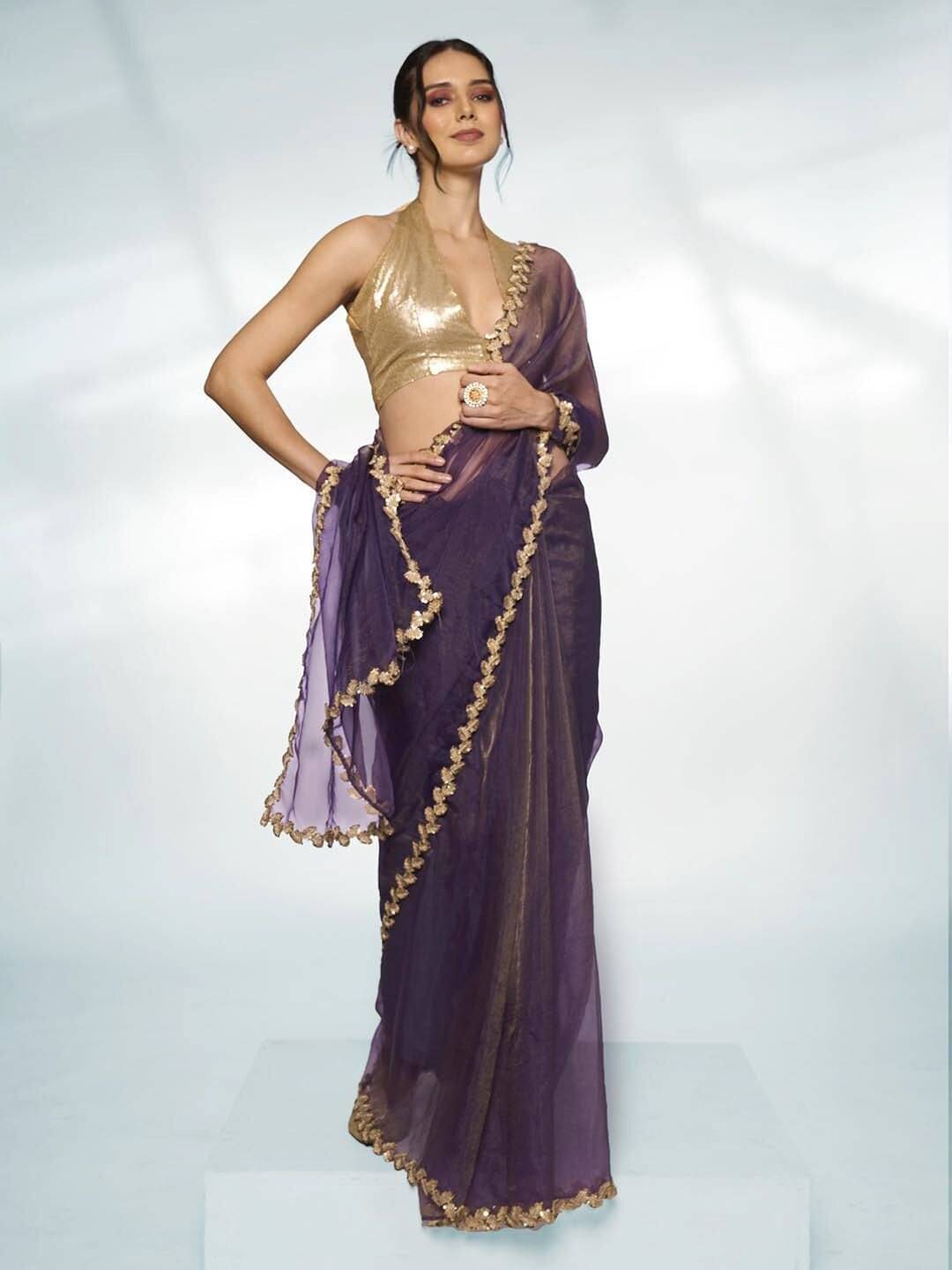 MAHAVIR CREATION Organza Solid Regular Saree With Unstitched Blouse Piece ( Purple ) MAHAVIR CREATION Organza Solid Regular Saree With Unstitched Blouse Piece ( Purple )