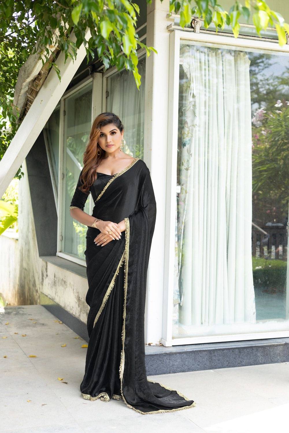 MAHAVIR CREATION Satin Embellished Regular Saree With Unstitched Blouse Piece ( Black ) MAHAVIR CREATION Satin Embellished Regular Saree With Unstitched Blouse Piece ( Black )